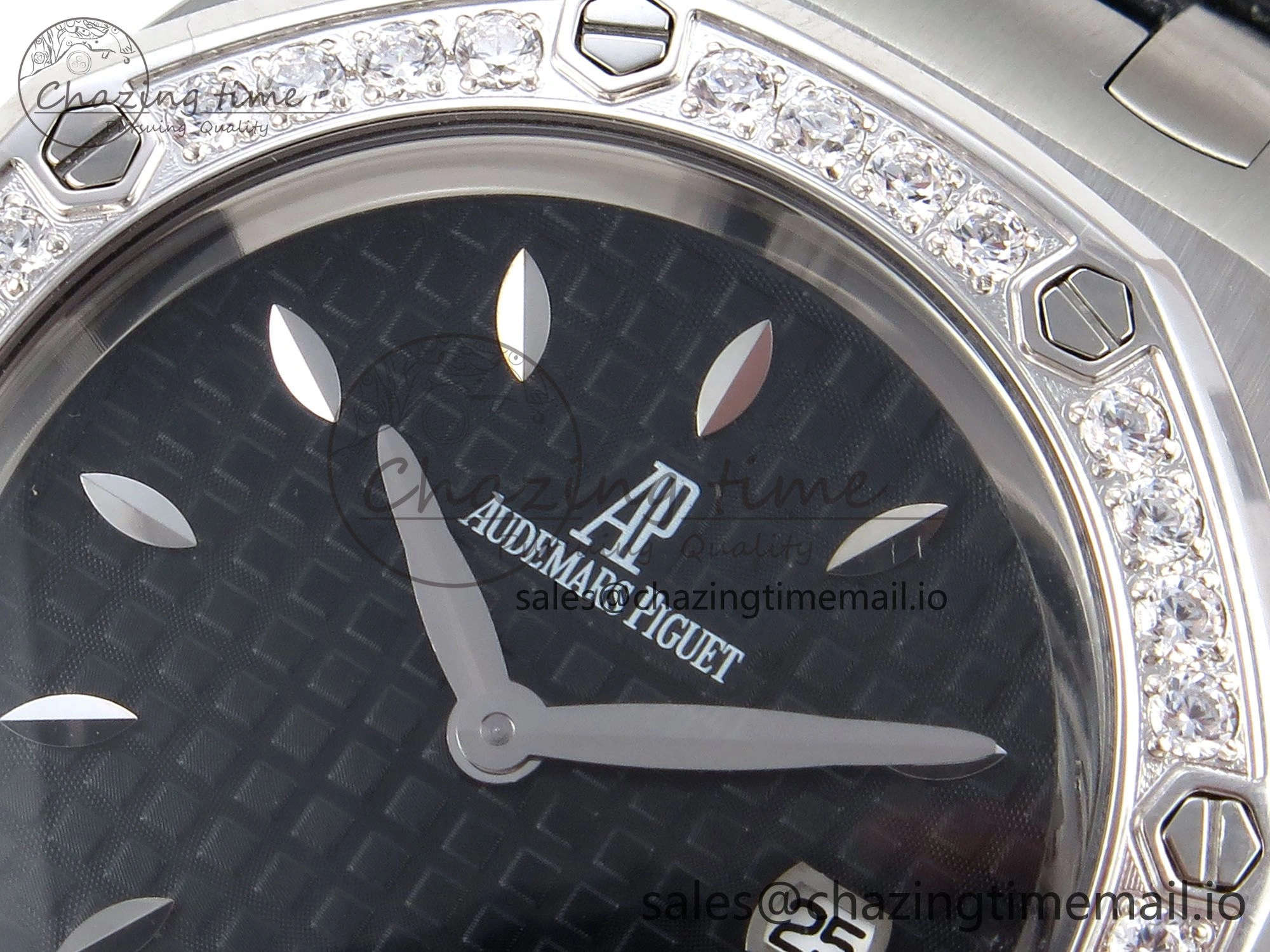 Royal Oak Offshore Ladies 33mm SS DRF Best Edition Black Dial Diamonds Bezel on Black Leather Strap ETA Quartz Affordable 4395