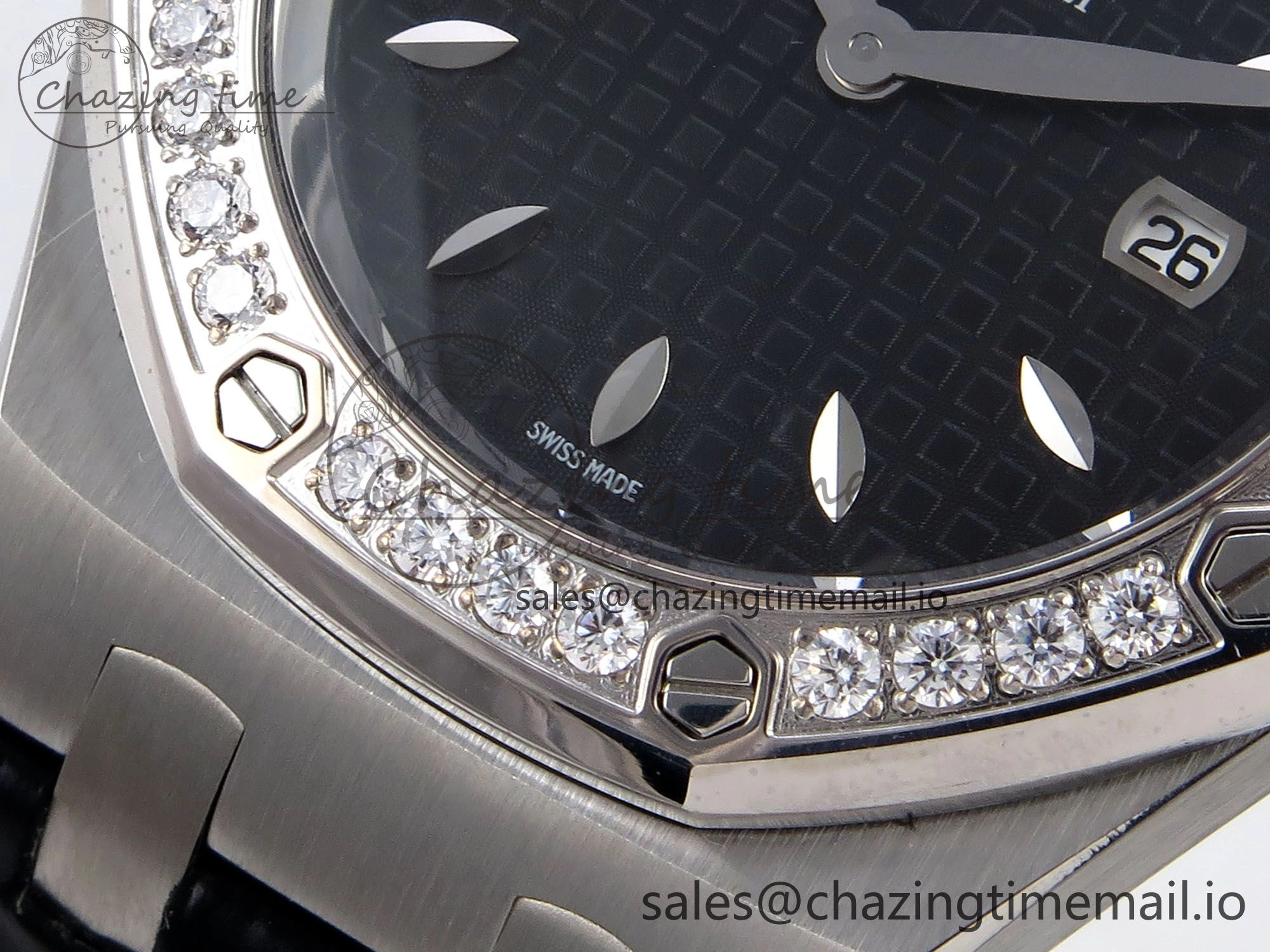 Royal Oak Offshore Ladies 33mm SS DRF Best Edition Black Dial Diamonds Bezel on Black Leather Strap ETA Quartz Affordable 4395