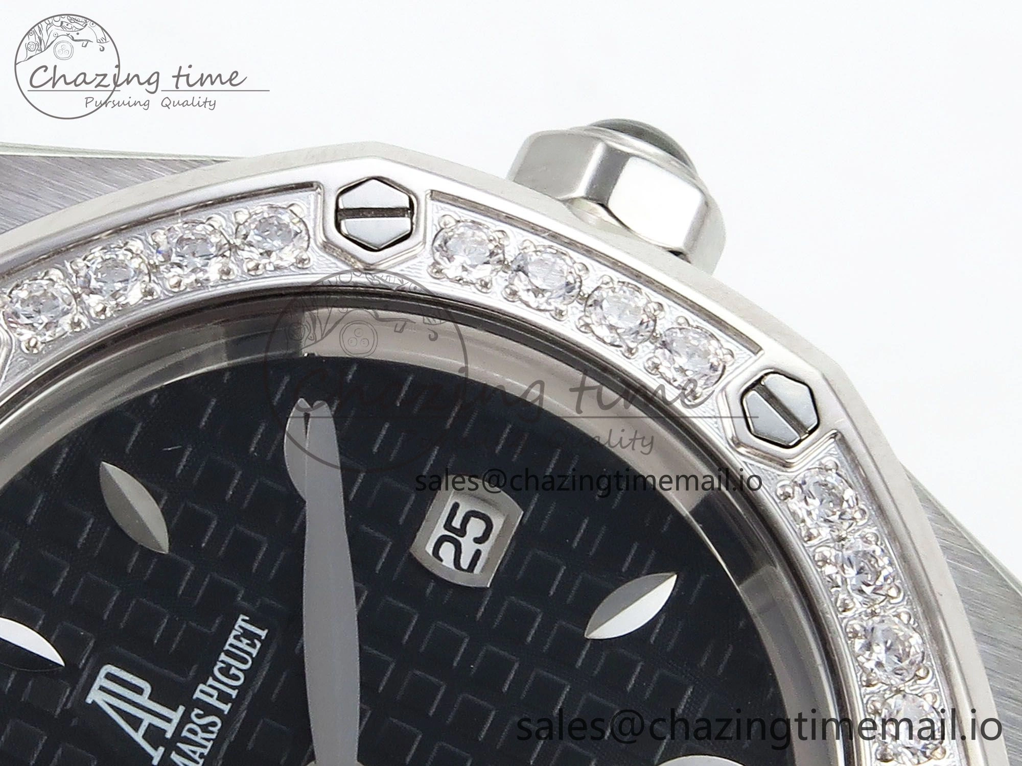 Royal Oak Offshore Ladies 33mm SS DRF Best Edition Black Dial Diamonds Bezel on Black Leather Strap ETA Quartz Affordable 4395