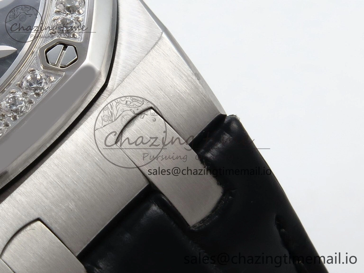 Royal Oak Offshore Ladies 33mm SS DRF Best Edition Black Dial Diamonds Bezel on Black Leather Strap ETA Quartz Affordable 4395