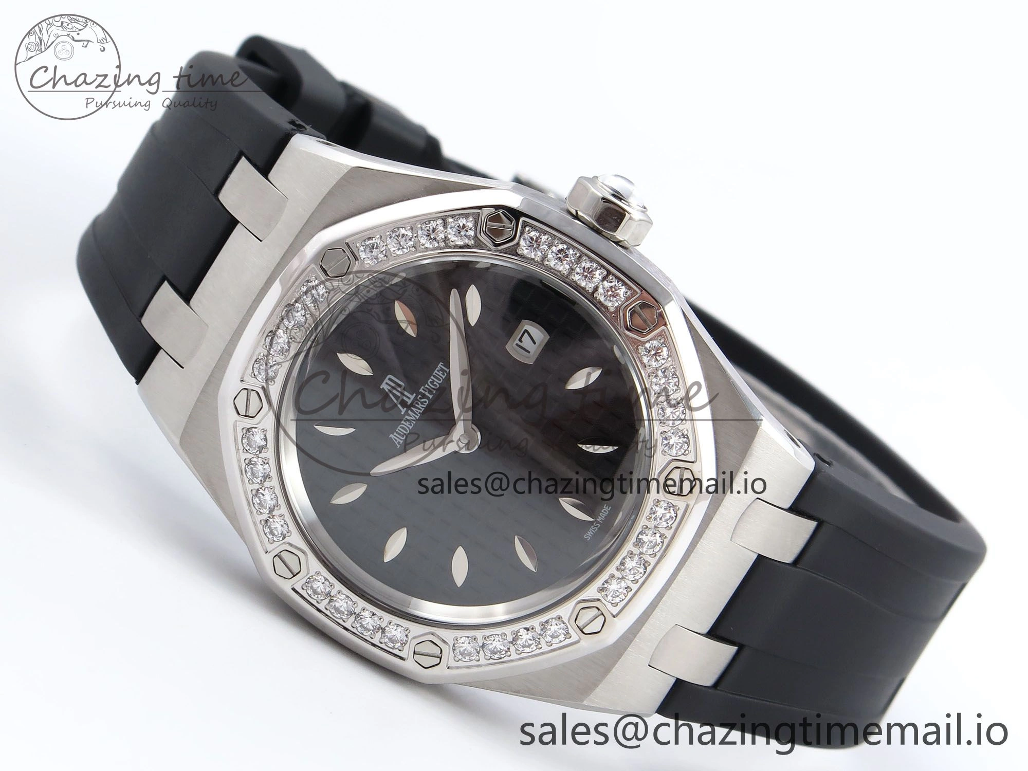 UrbanChic Royal Oak Offshore Ladies 33mm SS DRF Best Edition Black Dial Diamonds Bezel on Black Rubber Strap ETA Quartz 4400