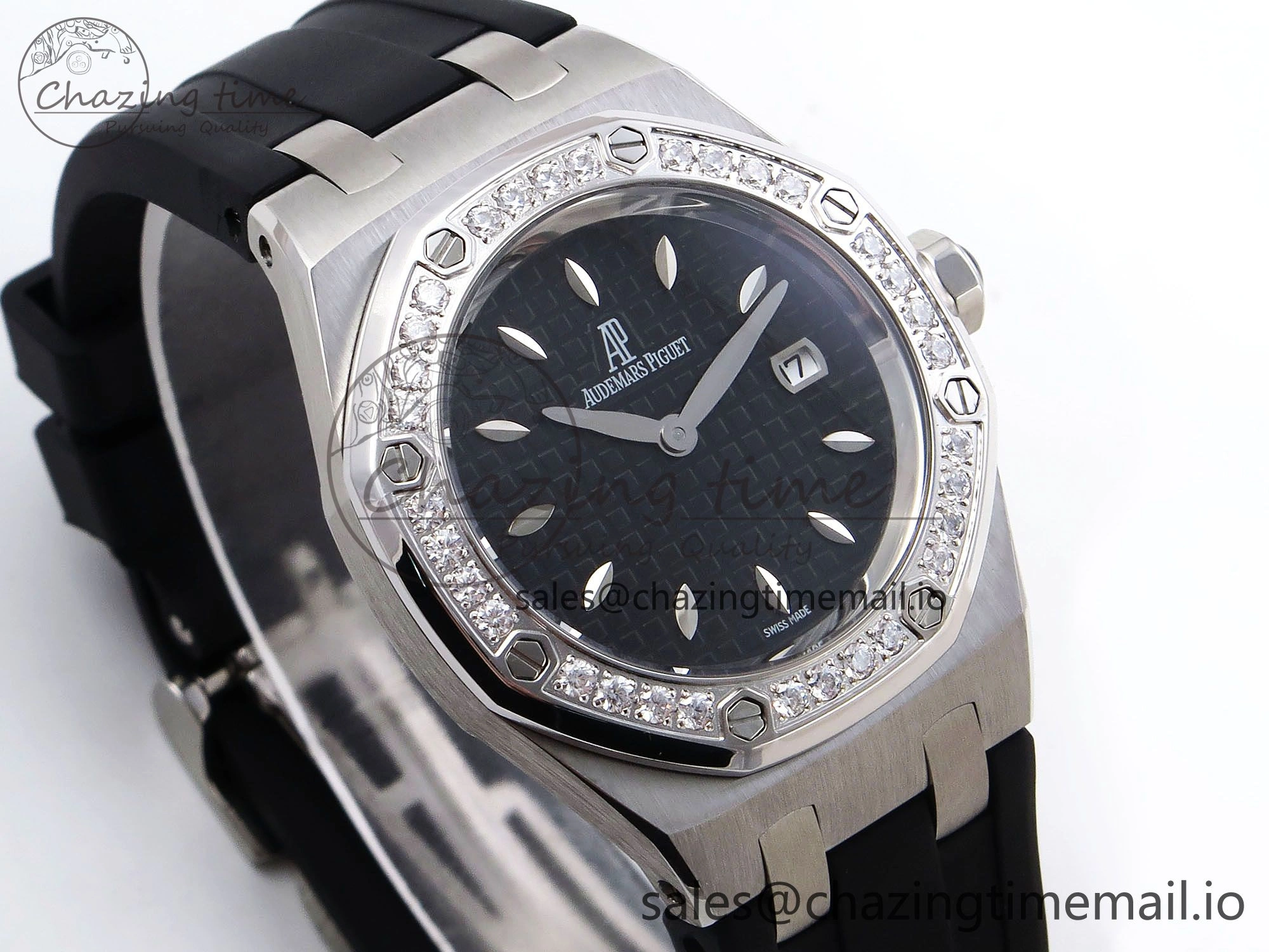 UrbanChic Royal Oak Offshore Ladies 33mm SS DRF Best Edition Black Dial Diamonds Bezel on Black Rubber Strap ETA Quartz 4400