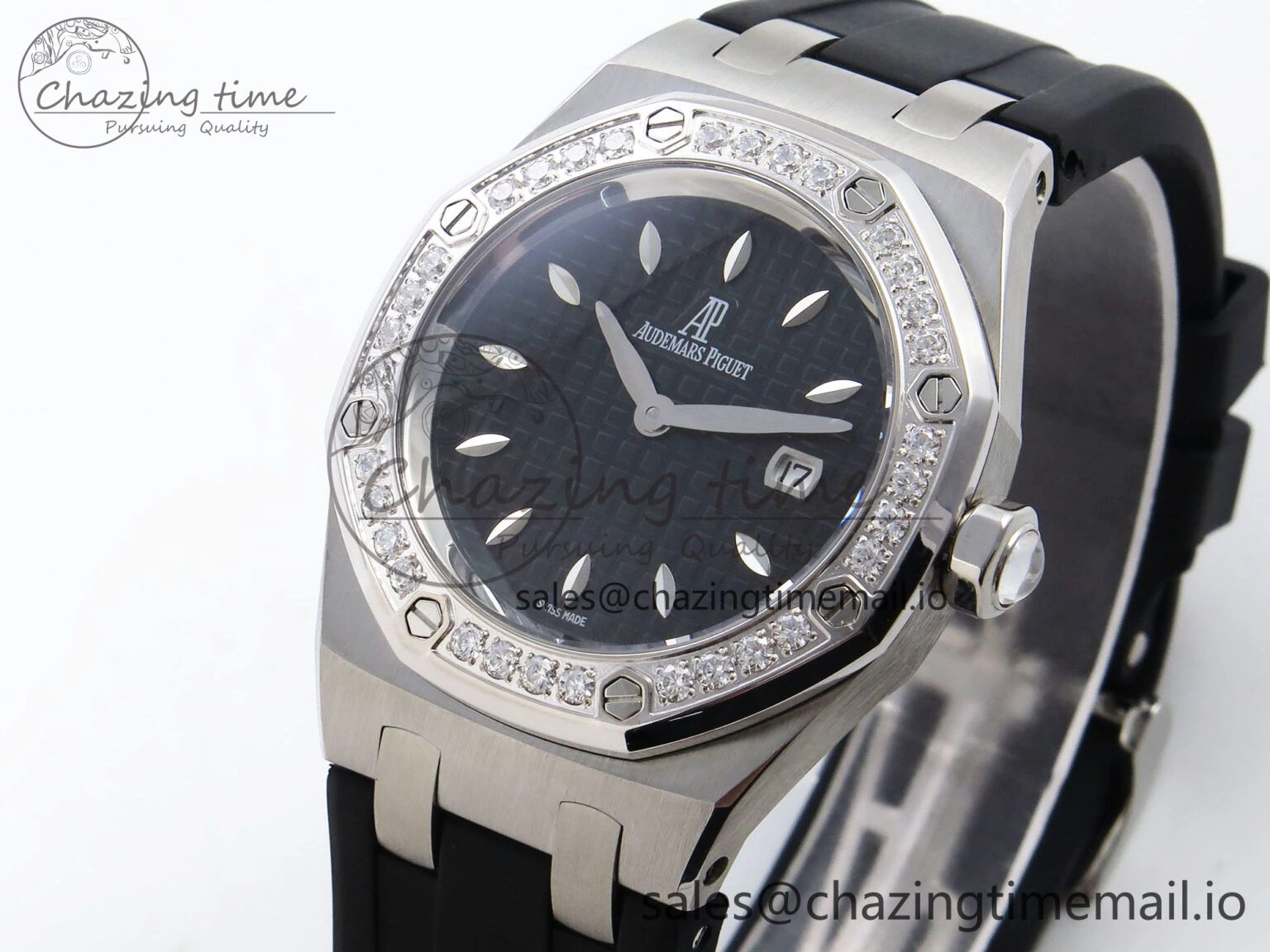 UrbanChic Royal Oak Offshore Ladies 33mm SS DRF Best Edition Black Dial Diamonds Bezel on Black Rubber Strap ETA Quartz 4400
