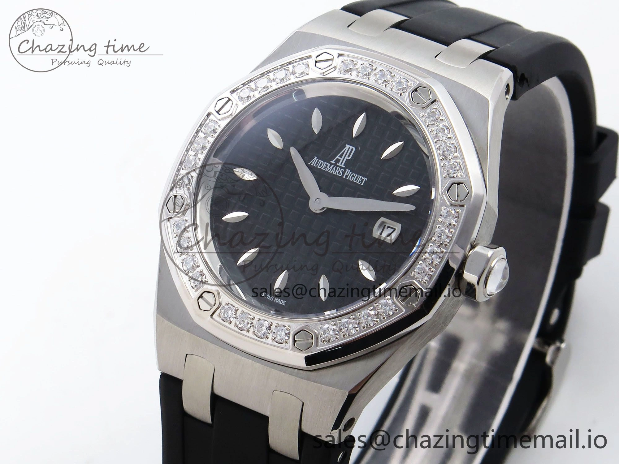 UrbanChic Royal Oak Offshore Ladies 33mm SS DRF Best Edition Black Dial Diamonds Bezel on Black Rubber Strap ETA Quartz 4400