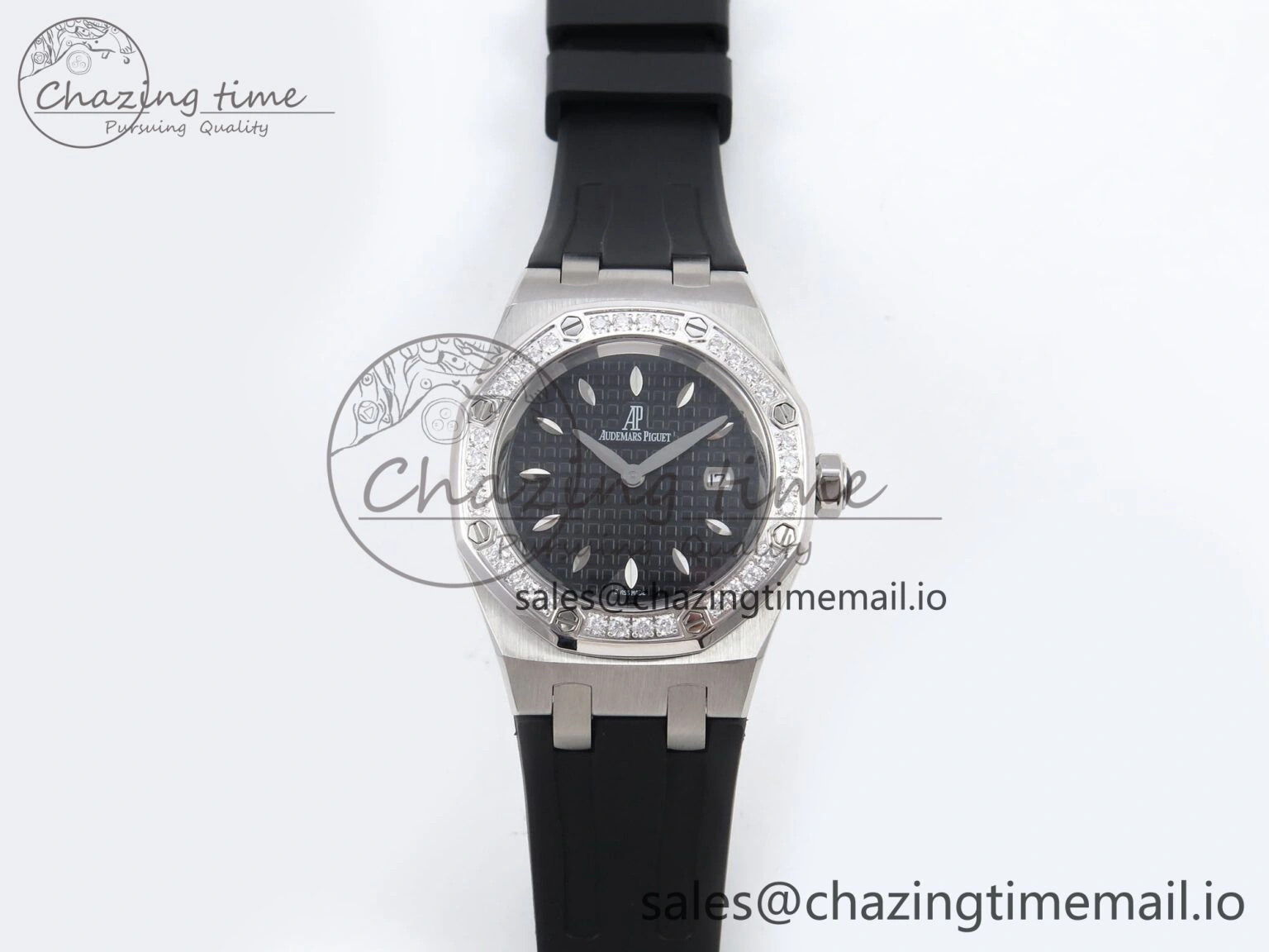 UrbanChic Royal Oak Offshore Ladies 33mm SS DRF Best Edition Black Dial Diamonds Bezel on Black Rubber Strap ETA Quartz 4400