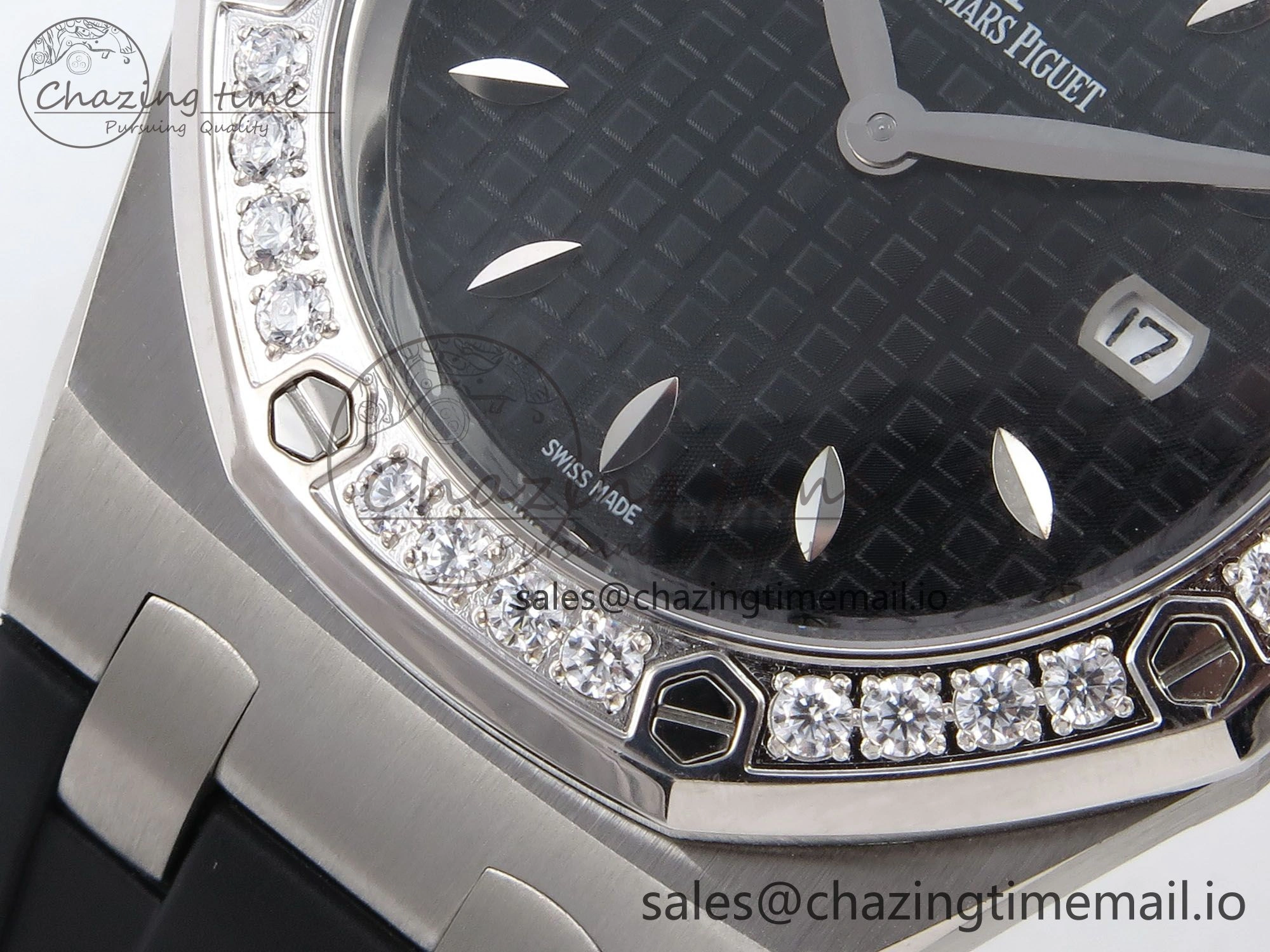 UrbanChic Royal Oak Offshore Ladies 33mm SS DRF Best Edition Black Dial Diamonds Bezel on Black Rubber Strap ETA Quartz 4400
