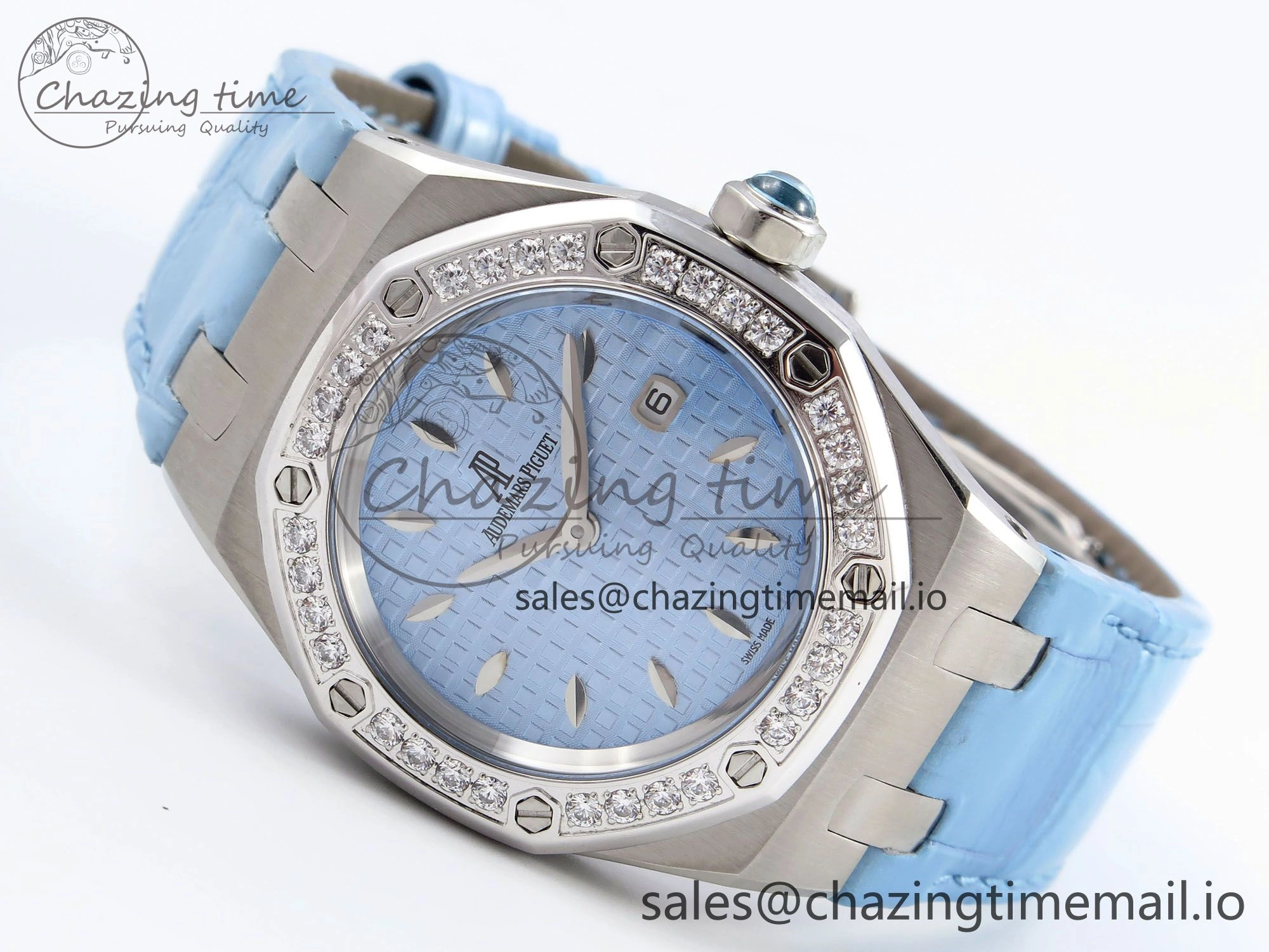 Comfortable Royal Oak Offshore Ladies 33mm SS DRF Best Edition Blue Dial Diamonds Bezel on Blue Leather Strap ETA Quartz 4397