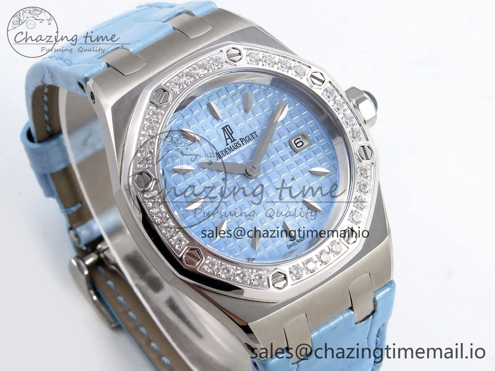 Comfortable Royal Oak Offshore Ladies 33mm SS DRF Best Edition Blue Dial Diamonds Bezel on Blue Leather Strap ETA Quartz 4397