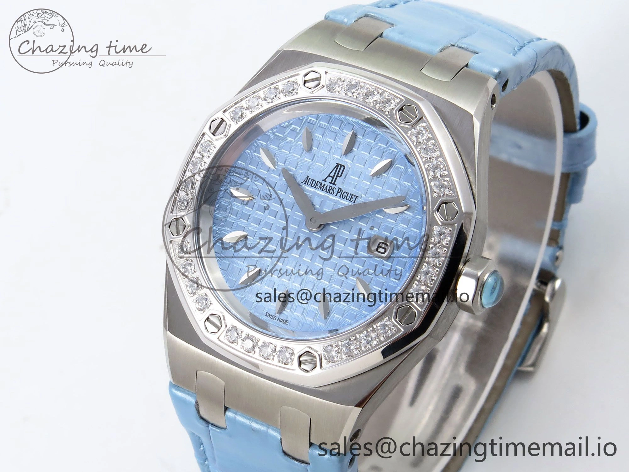 Comfortable Royal Oak Offshore Ladies 33mm SS DRF Best Edition Blue Dial Diamonds Bezel on Blue Leather Strap ETA Quartz 4397