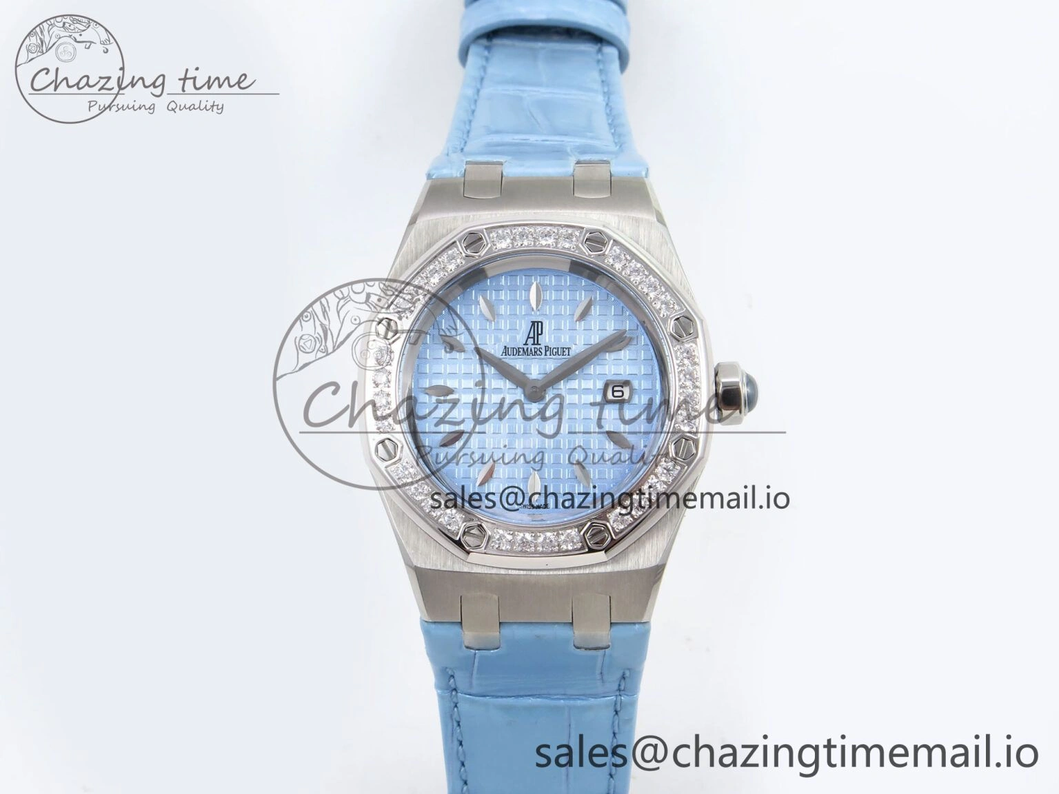 Comfortable Royal Oak Offshore Ladies 33mm SS DRF Best Edition Blue Dial Diamonds Bezel on Blue Leather Strap ETA Quartz 4397