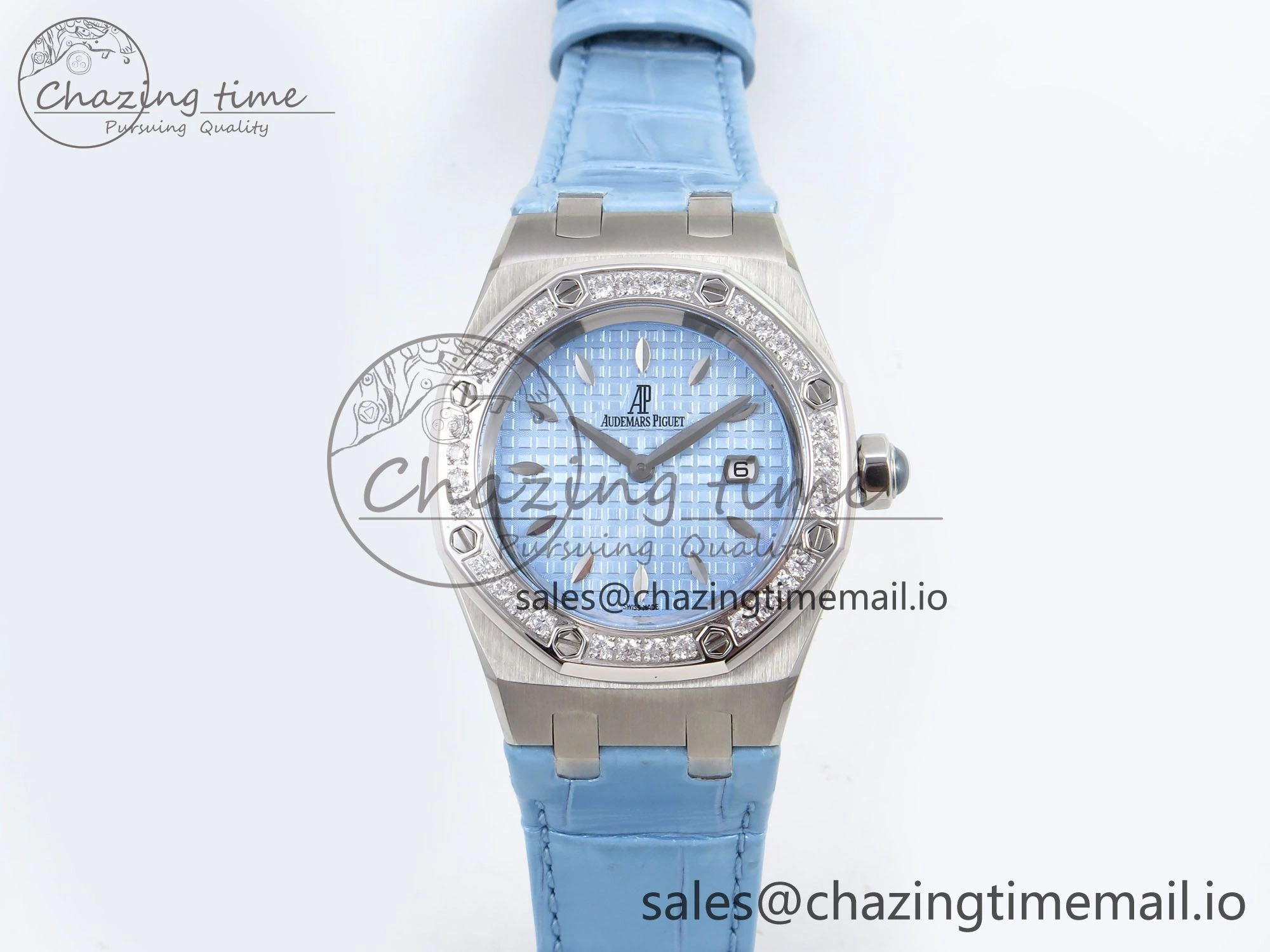 Comfortable Royal Oak Offshore Ladies 33mm SS DRF Best Edition Blue Dial Diamonds Bezel on Blue Leather Strap ETA Quartz 4397