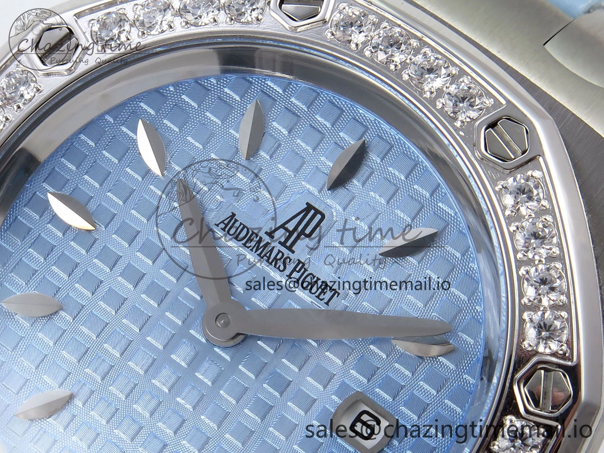 Comfortable Royal Oak Offshore Ladies 33mm SS DRF Best Edition Blue Dial Diamonds Bezel on Blue Leather Strap ETA Quartz 4397