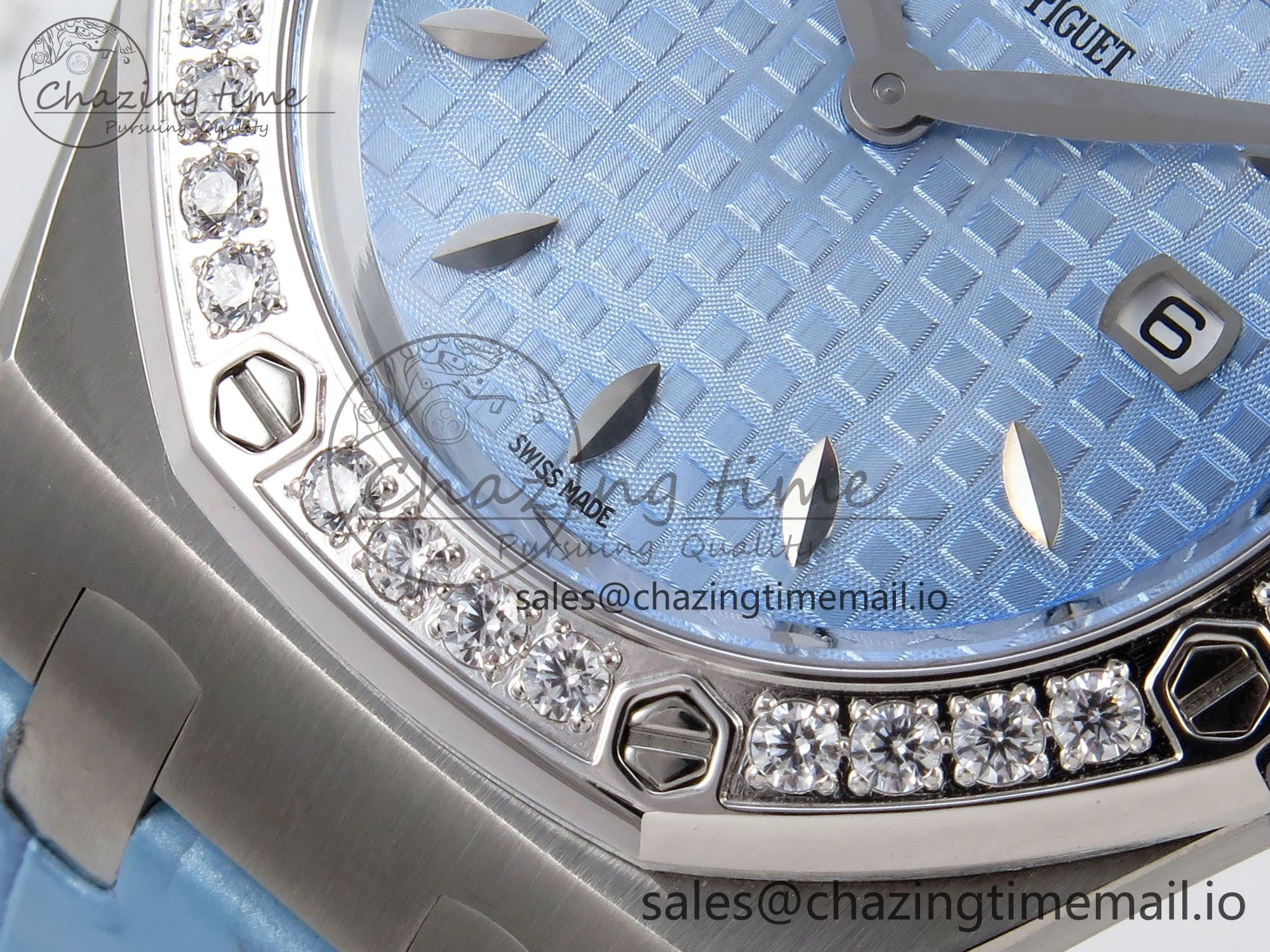 Comfortable Royal Oak Offshore Ladies 33mm SS DRF Best Edition Blue Dial Diamonds Bezel on Blue Leather Strap ETA Quartz 4397