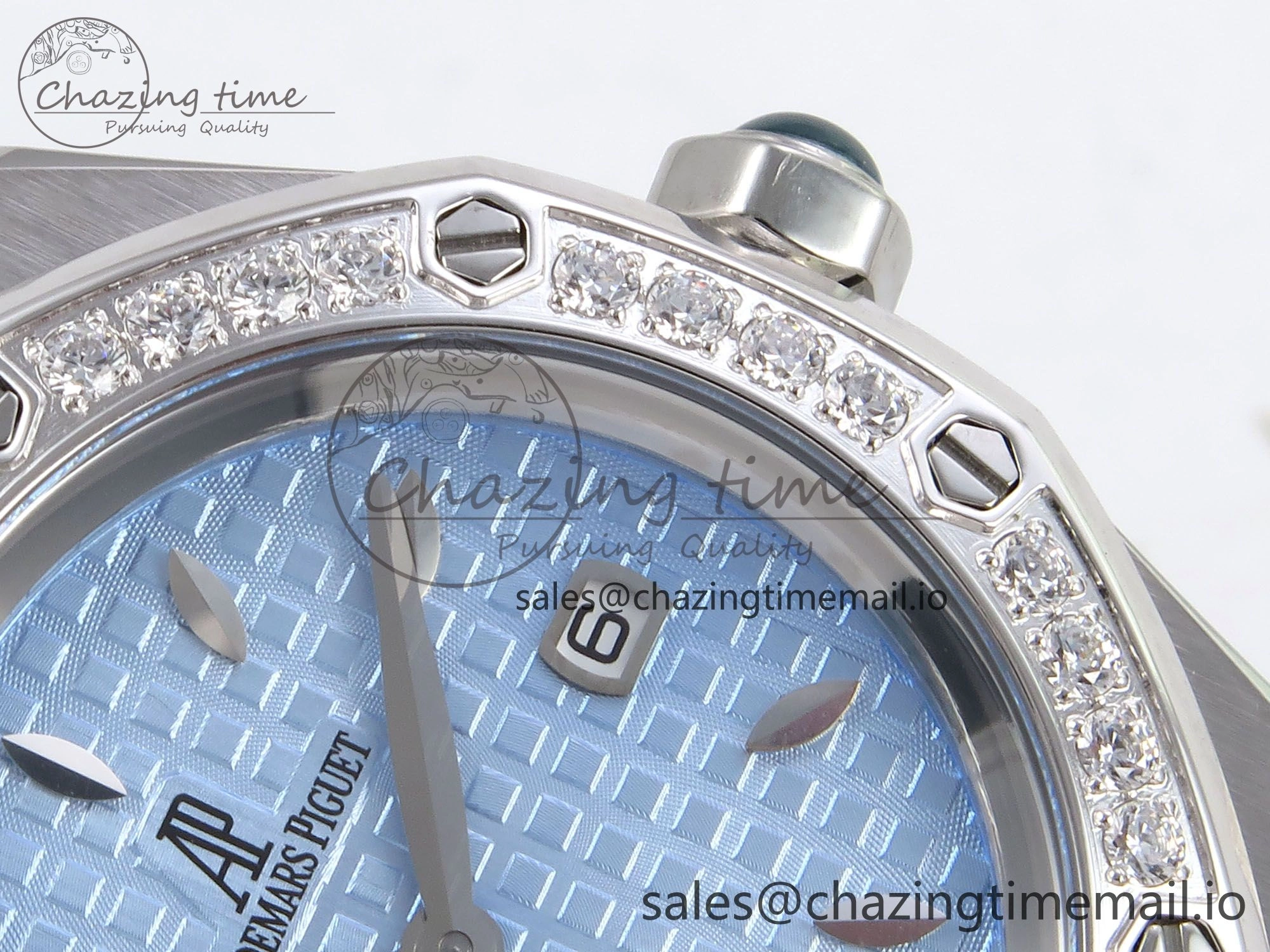Comfortable Royal Oak Offshore Ladies 33mm SS DRF Best Edition Blue Dial Diamonds Bezel on Blue Leather Strap ETA Quartz 4397