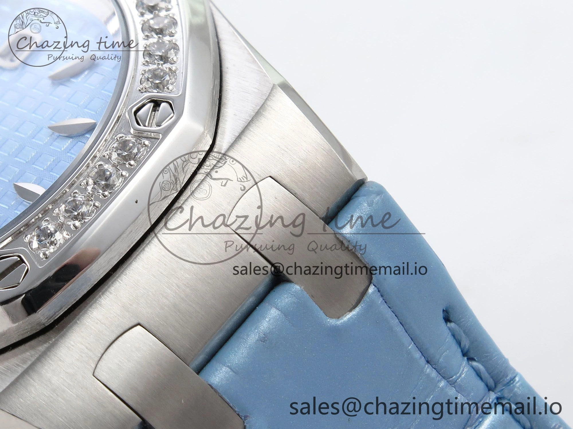 Comfortable Royal Oak Offshore Ladies 33mm SS DRF Best Edition Blue Dial Diamonds Bezel on Blue Leather Strap ETA Quartz 4397
