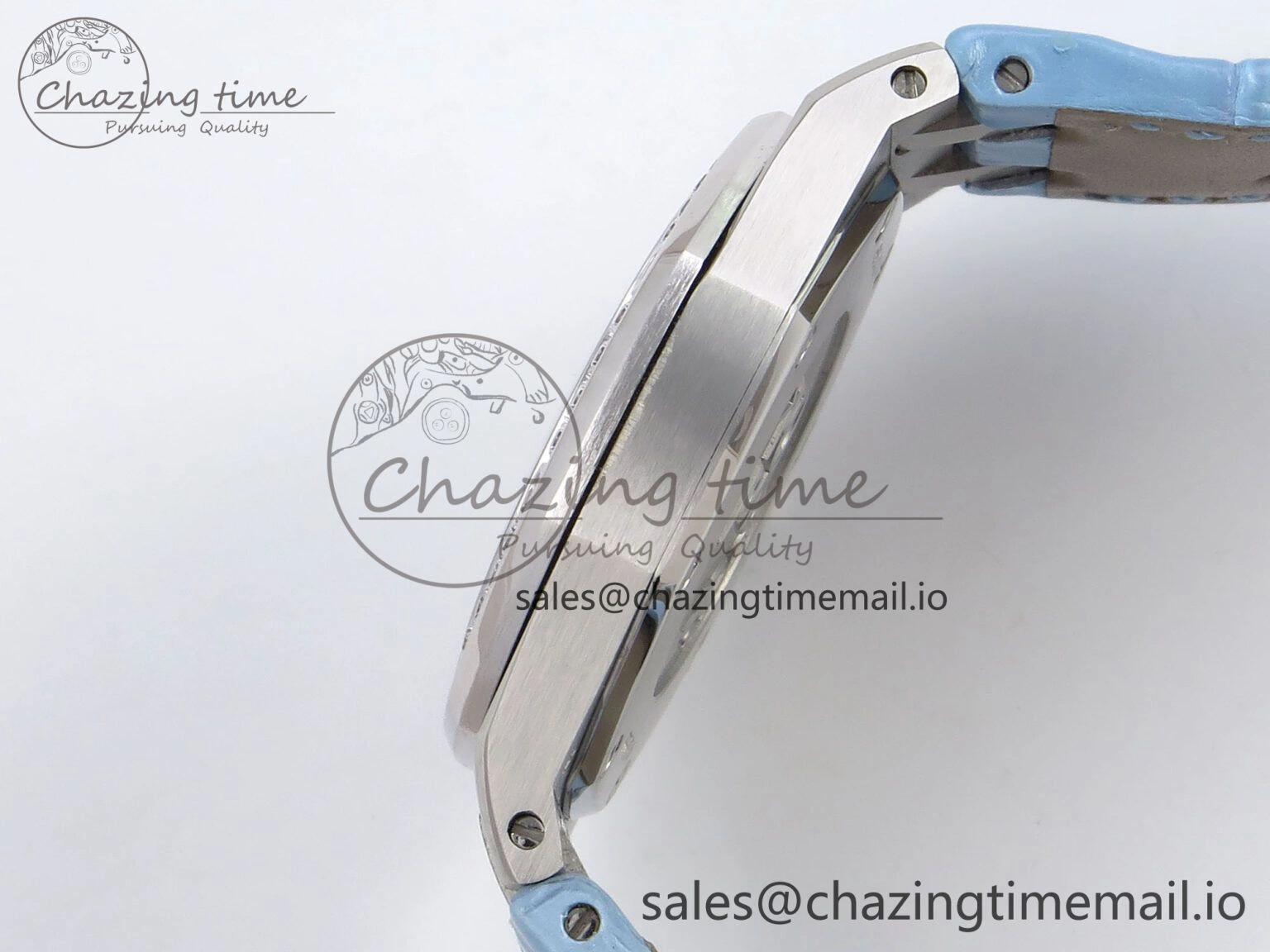 Comfortable Royal Oak Offshore Ladies 33mm SS DRF Best Edition Blue Dial Diamonds Bezel on Blue Leather Strap ETA Quartz 4397