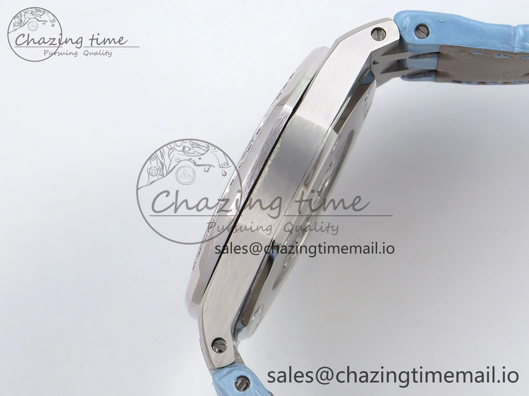 Comfortable Royal Oak Offshore Ladies 33mm SS DRF Best Edition Blue Dial Diamonds Bezel on Blue Leather Strap ETA Quartz 4397