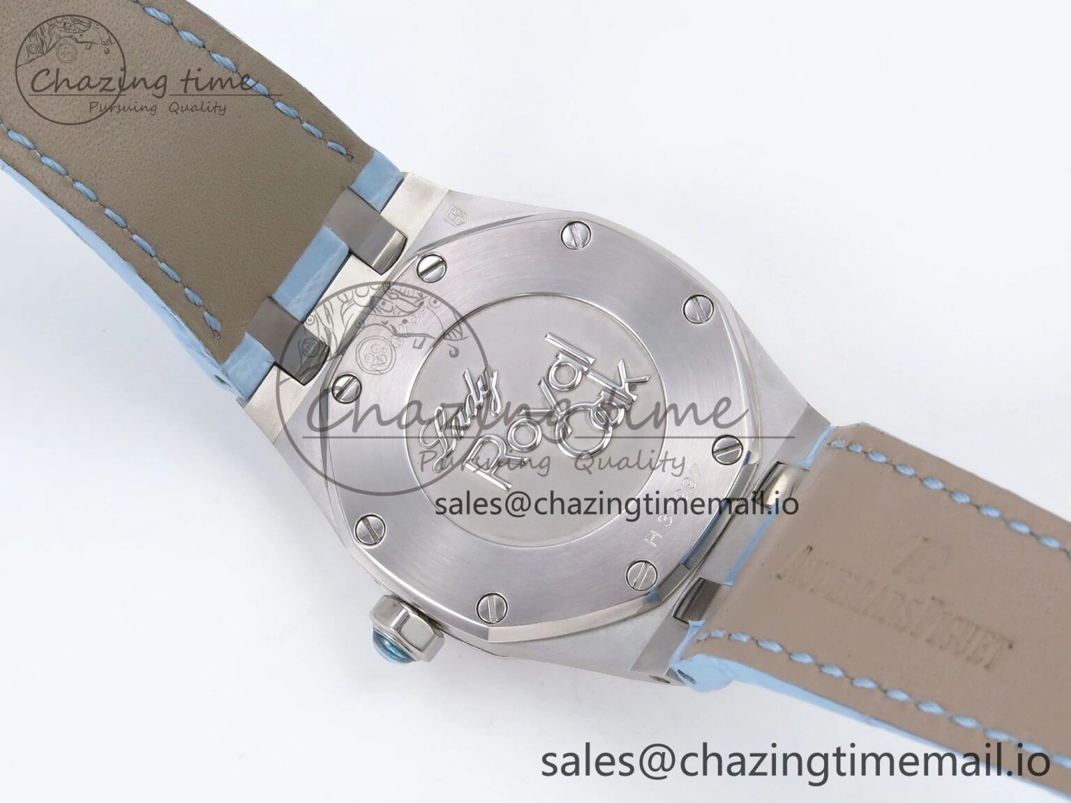 Comfortable Royal Oak Offshore Ladies 33mm SS DRF Best Edition Blue Dial Diamonds Bezel on Blue Leather Strap ETA Quartz 4397