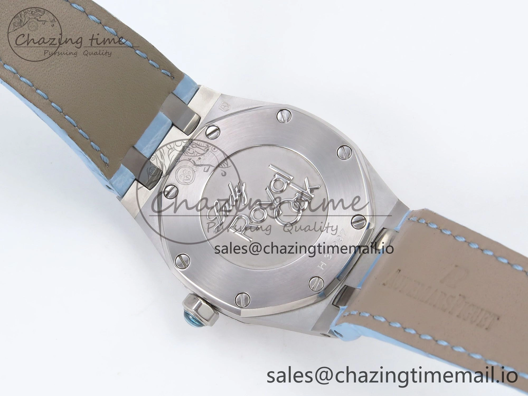 Comfortable Royal Oak Offshore Ladies 33mm SS DRF Best Edition Blue Dial Diamonds Bezel on Blue Leather Strap ETA Quartz 4397
