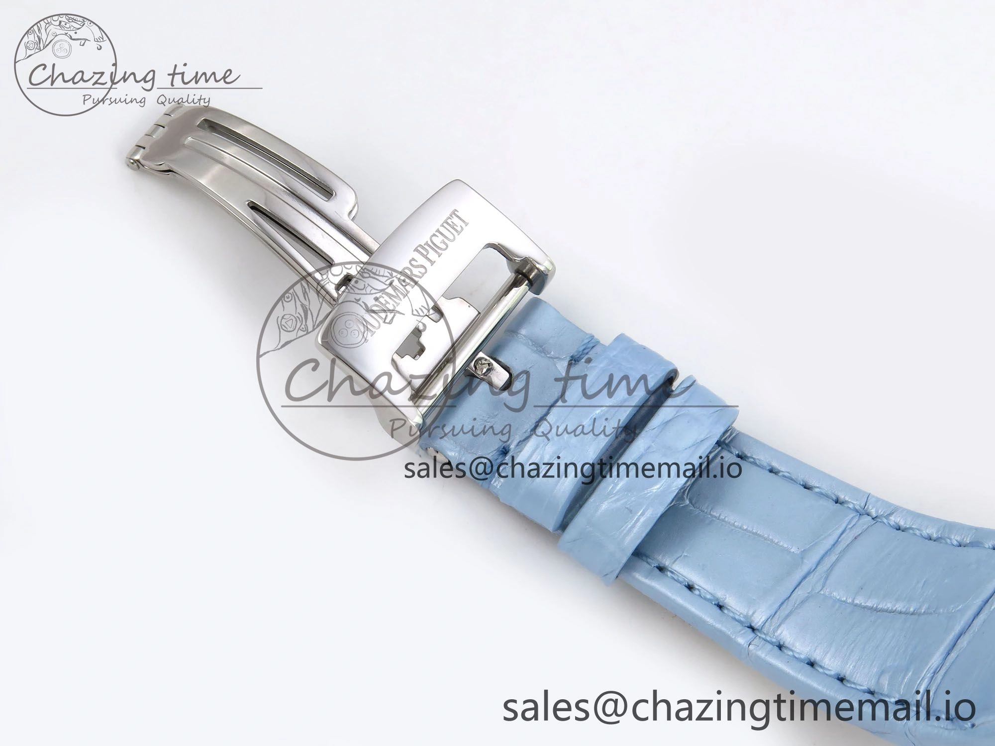 Comfortable Royal Oak Offshore Ladies 33mm SS DRF Best Edition Blue Dial Diamonds Bezel on Blue Leather Strap ETA Quartz 4397