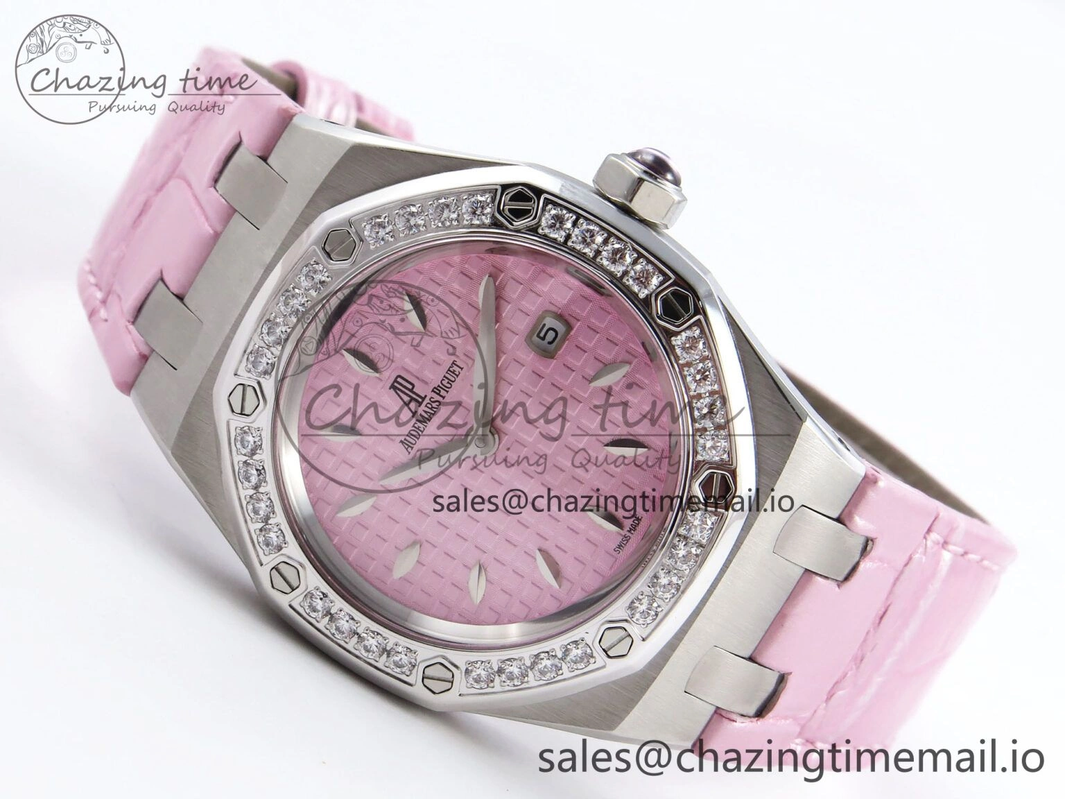 FlexibleFit Royal Oak Offshore Ladies 33mm SS DRF Best Edition Pink Dial Diamonds Bezel on Pink Leather Strap ETA Quartz 4405