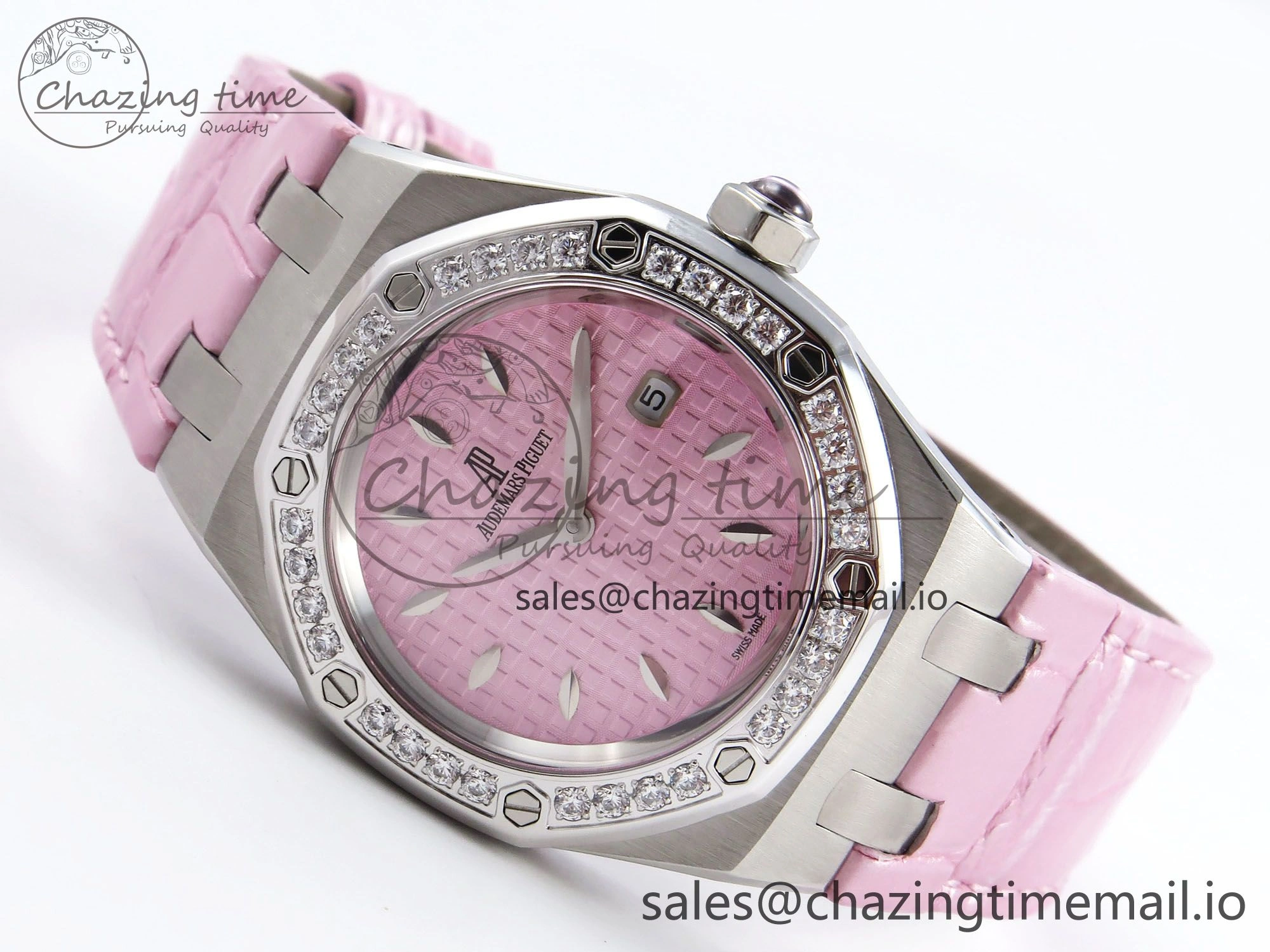 FlexibleFit Royal Oak Offshore Ladies 33mm SS DRF Best Edition Pink Dial Diamonds Bezel on Pink Leather Strap ETA Quartz 4405