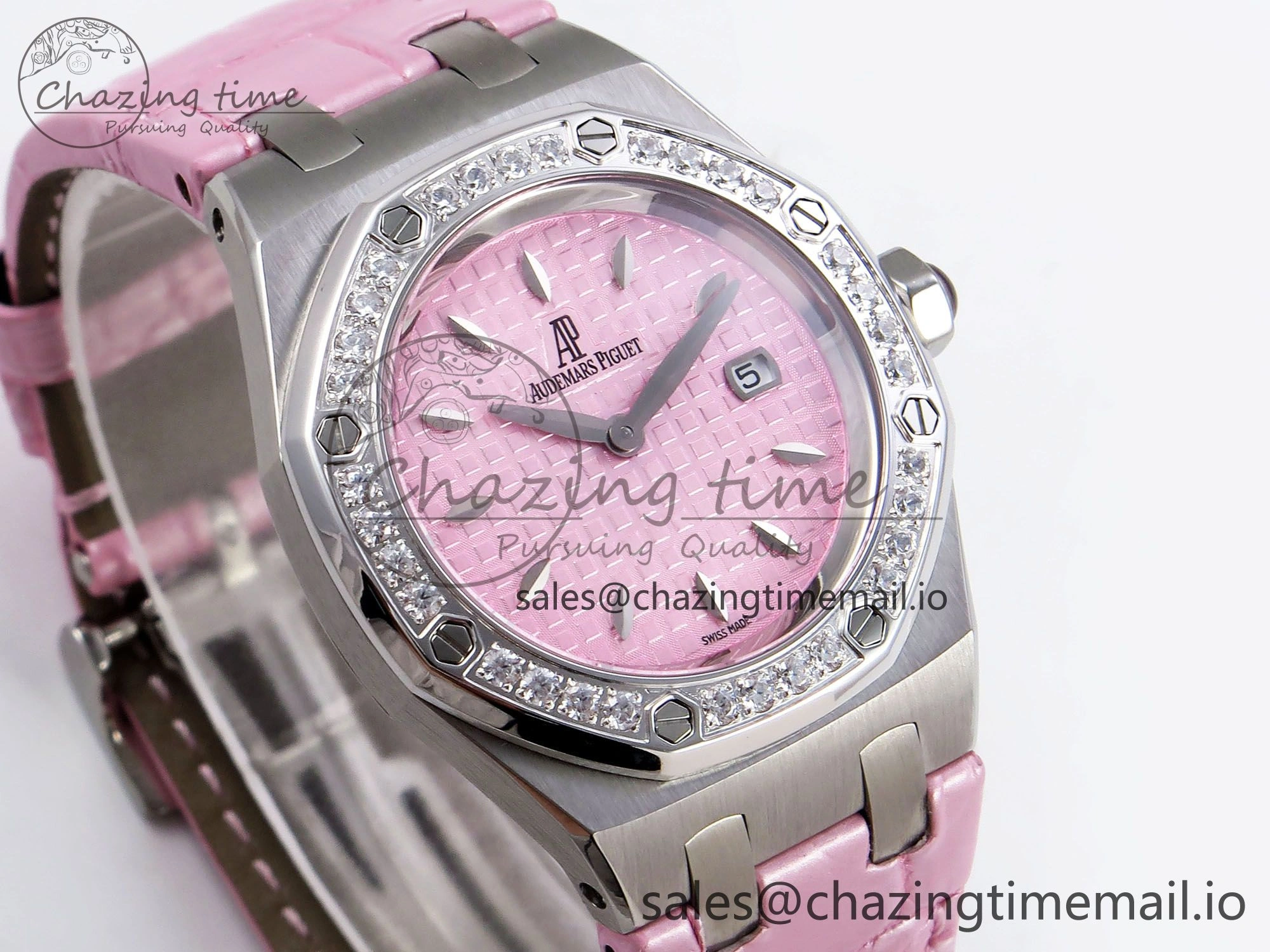 FlexibleFit Royal Oak Offshore Ladies 33mm SS DRF Best Edition Pink Dial Diamonds Bezel on Pink Leather Strap ETA Quartz 4405