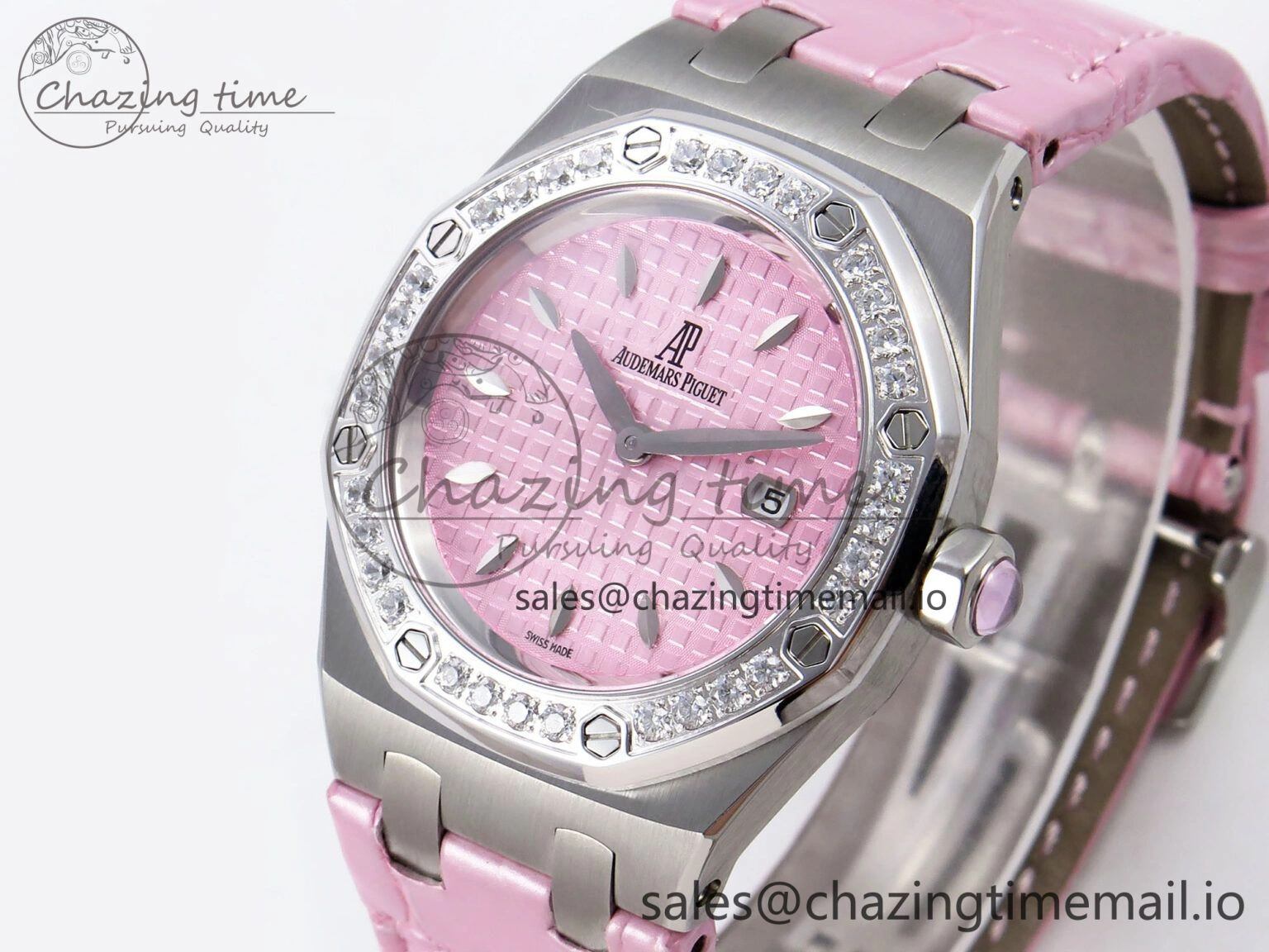 FlexibleFit Royal Oak Offshore Ladies 33mm SS DRF Best Edition Pink Dial Diamonds Bezel on Pink Leather Strap ETA Quartz 4405