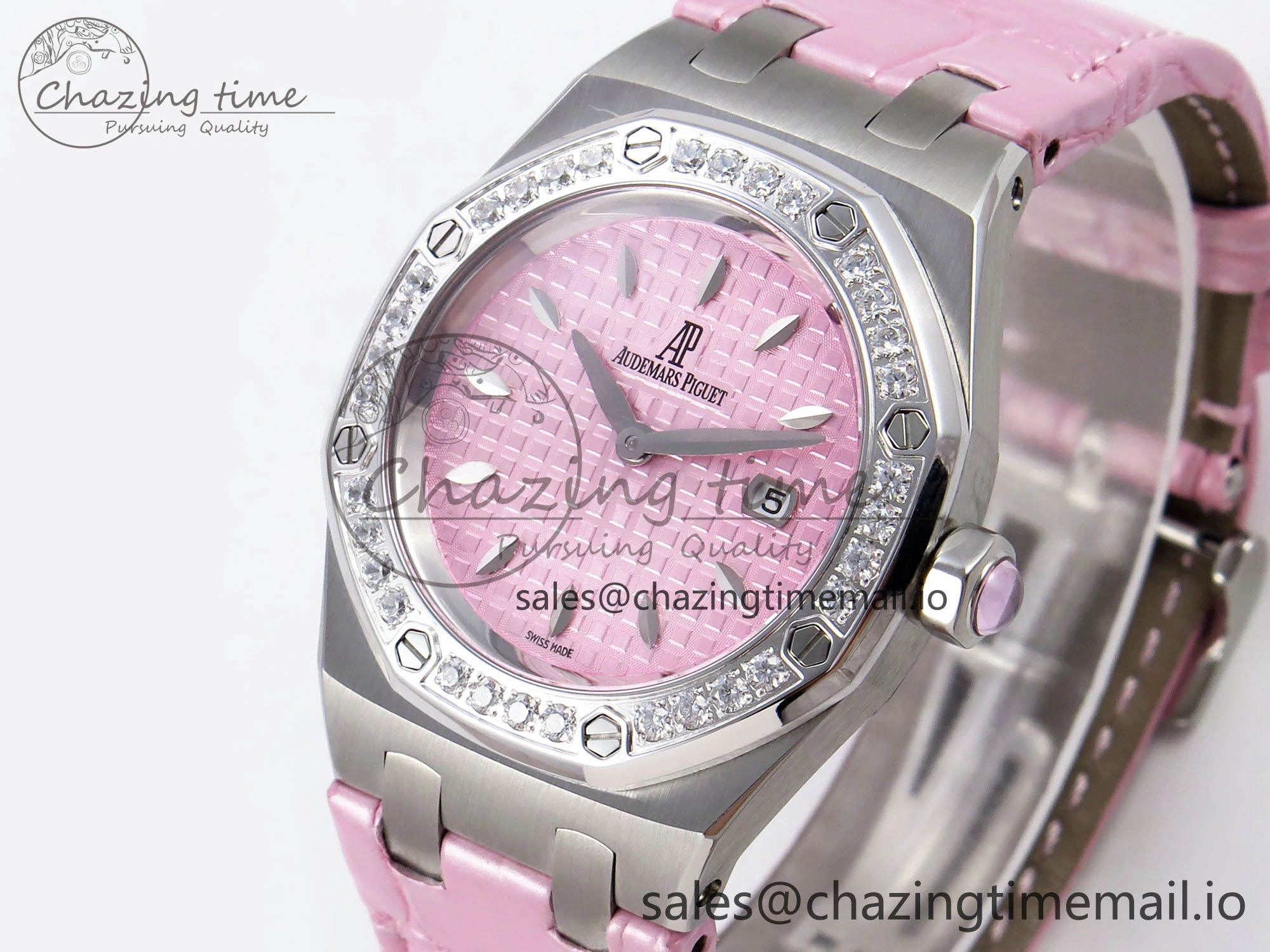 FlexibleFit Royal Oak Offshore Ladies 33mm SS DRF Best Edition Pink Dial Diamonds Bezel on Pink Leather Strap ETA Quartz 4405