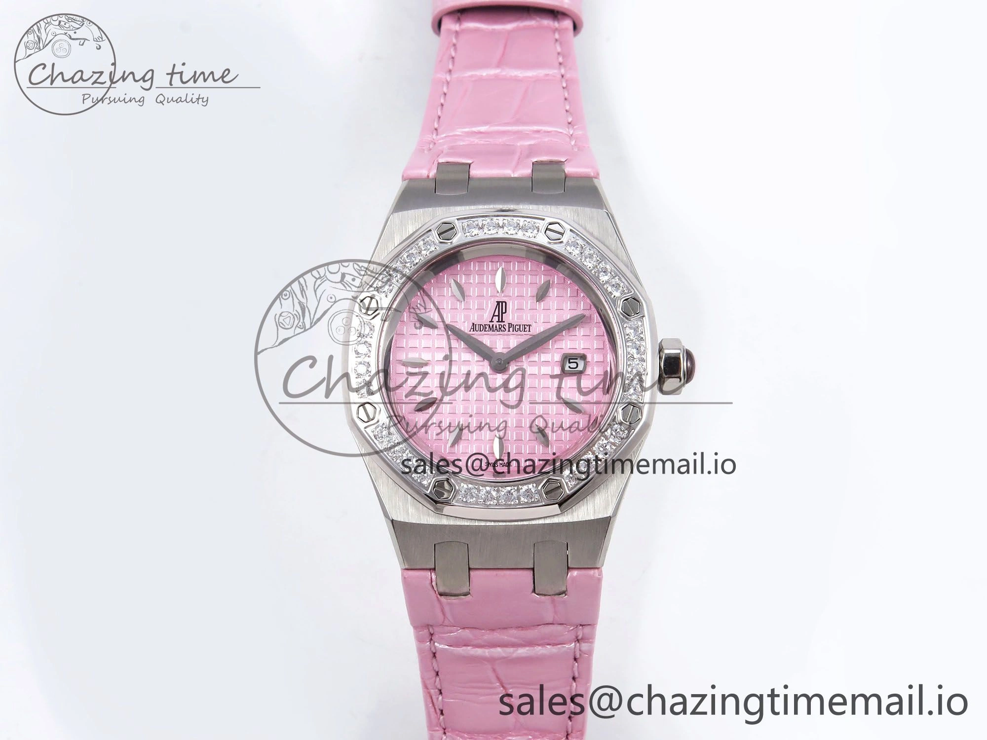 FlexibleFit Royal Oak Offshore Ladies 33mm SS DRF Best Edition Pink Dial Diamonds Bezel on Pink Leather Strap ETA Quartz 4405