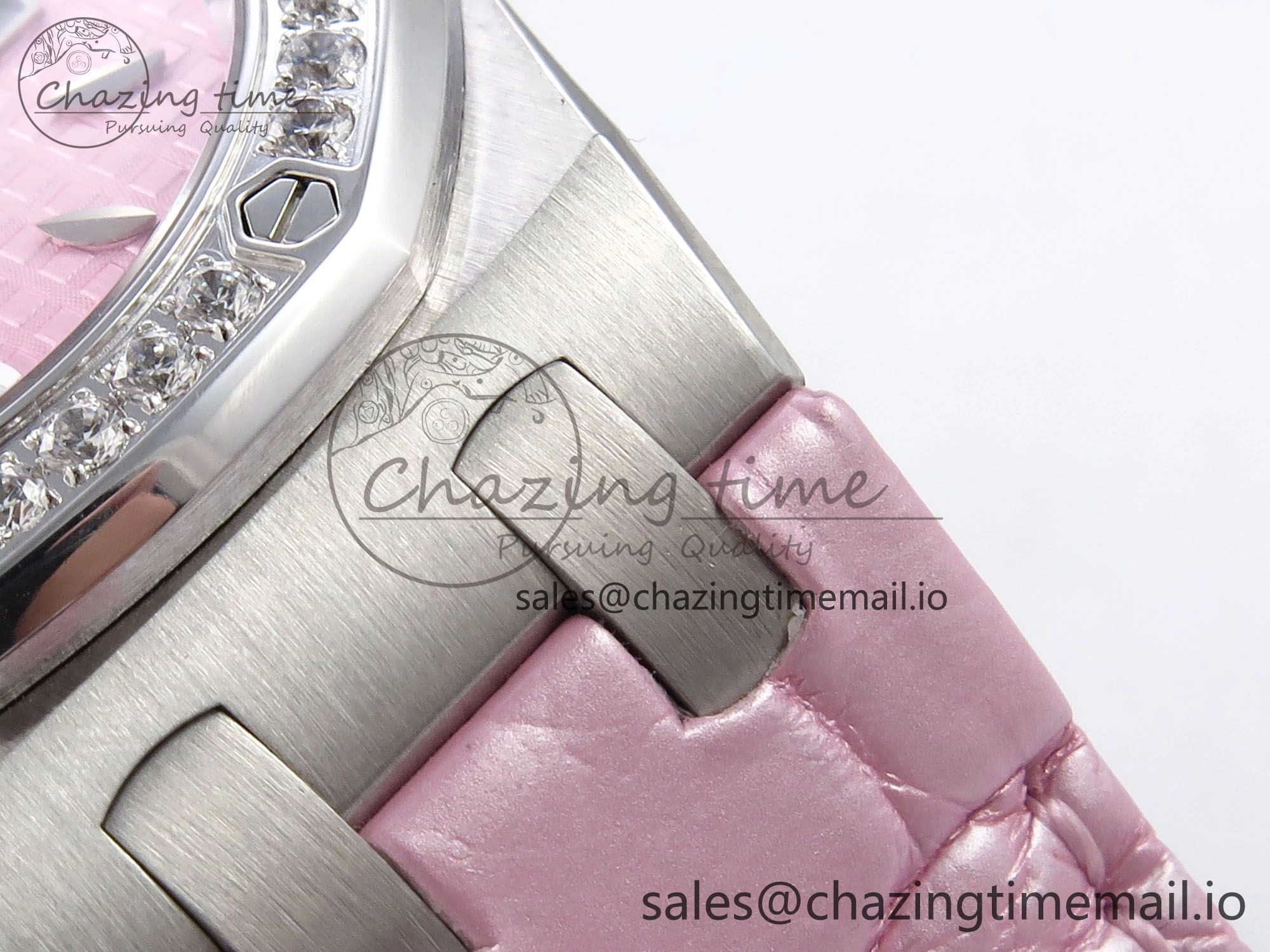 FlexibleFit Royal Oak Offshore Ladies 33mm SS DRF Best Edition Pink Dial Diamonds Bezel on Pink Leather Strap ETA Quartz 4405