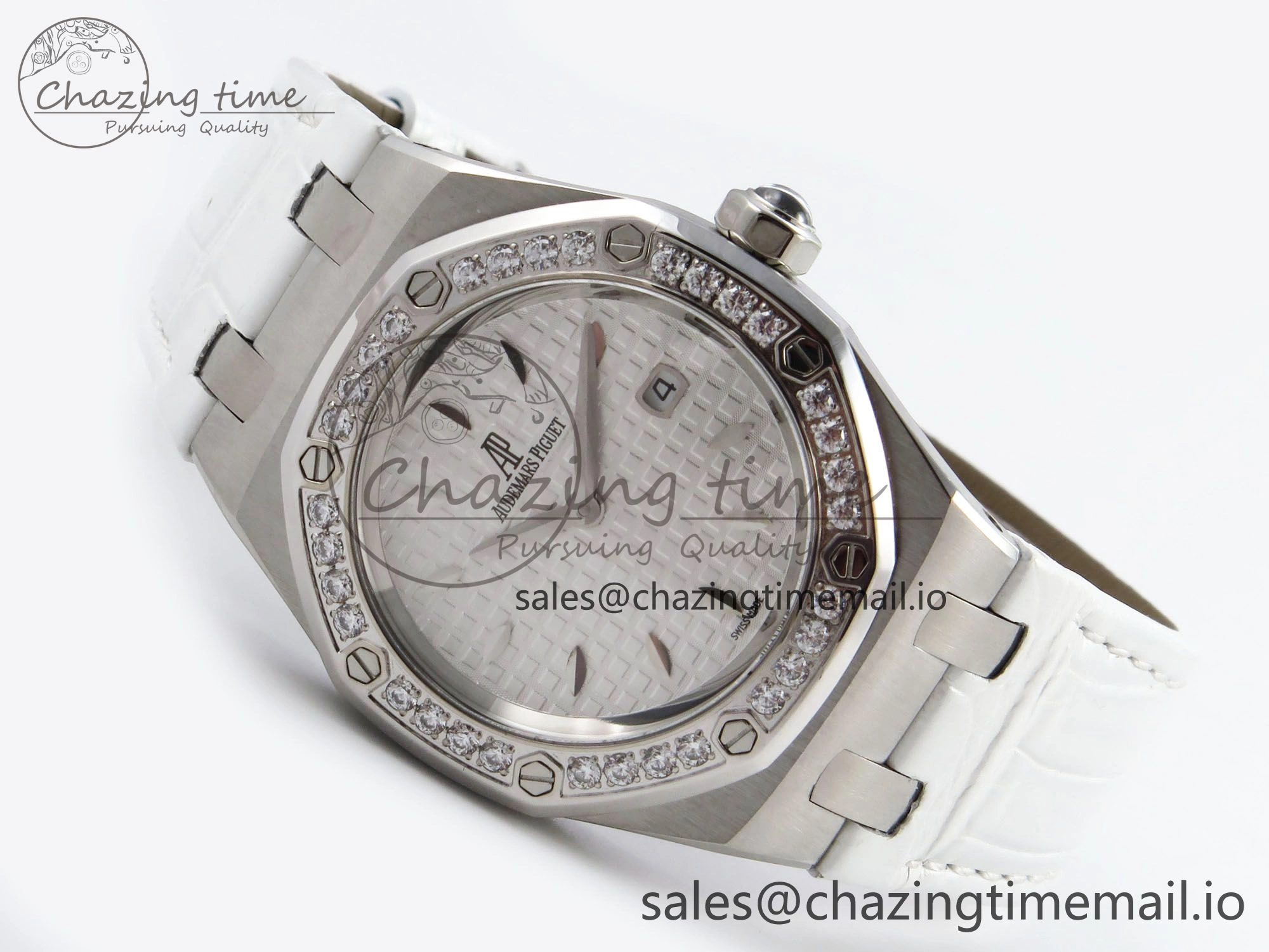 Royal Oak Offshore Ladies 33mm SS DRF Best Edition White Dial Diamonds Bezel on White Leather Strap ETA Quartz Trendy 4396