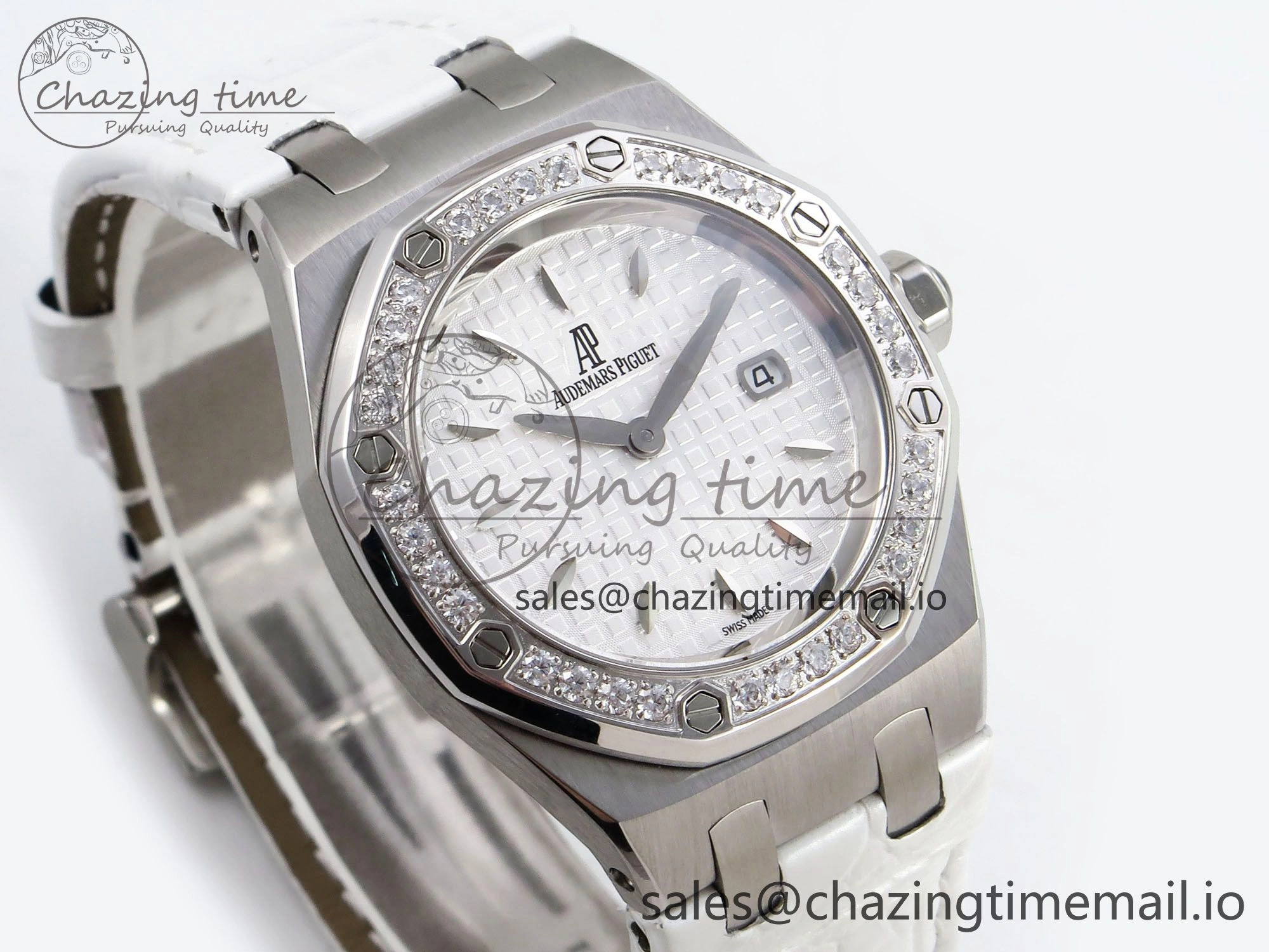 Royal Oak Offshore Ladies 33mm SS DRF Best Edition White Dial Diamonds Bezel on White Leather Strap ETA Quartz Trendy 4396