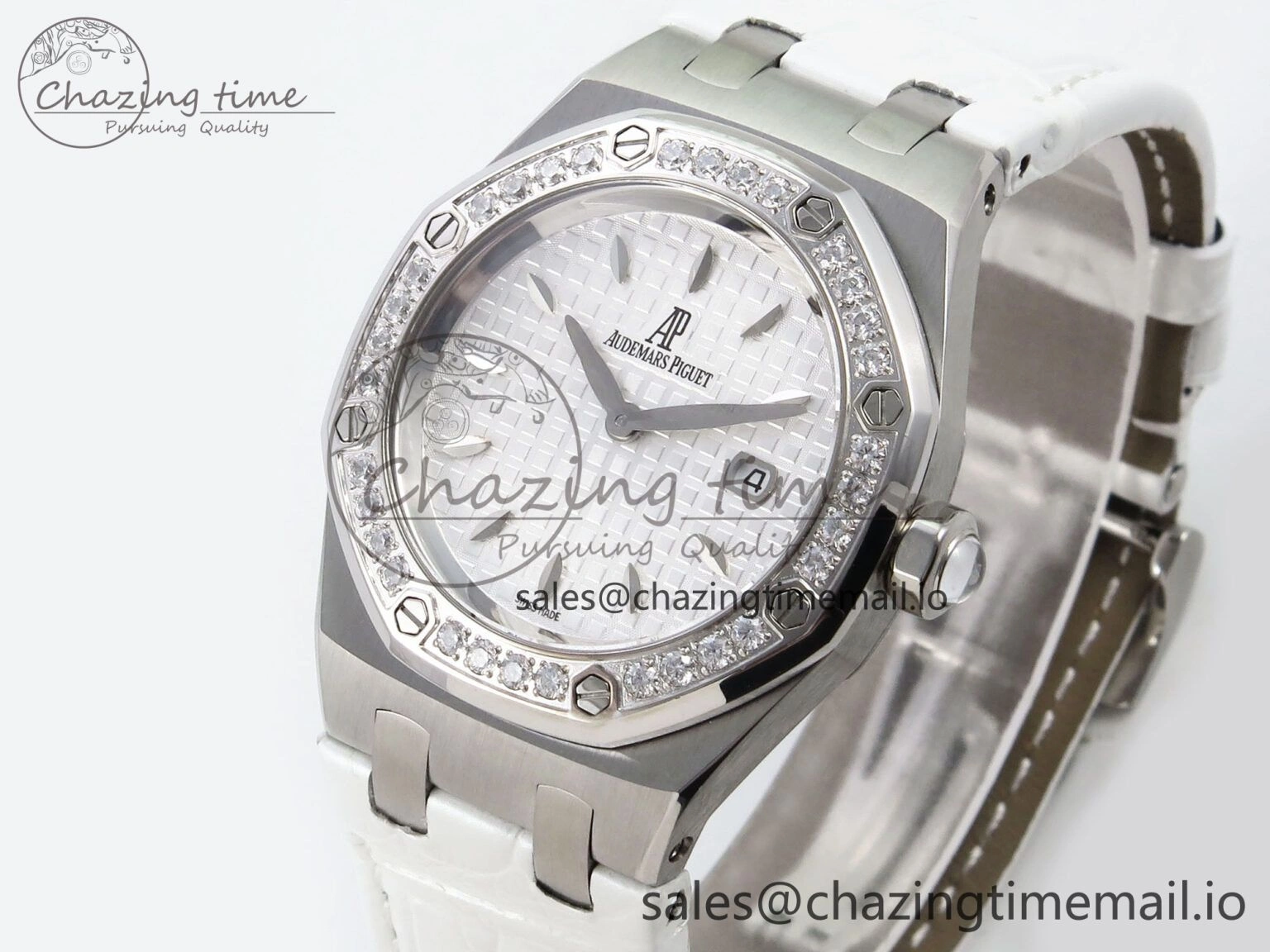 Royal Oak Offshore Ladies 33mm SS DRF Best Edition White Dial Diamonds Bezel on White Leather Strap ETA Quartz Trendy 4396