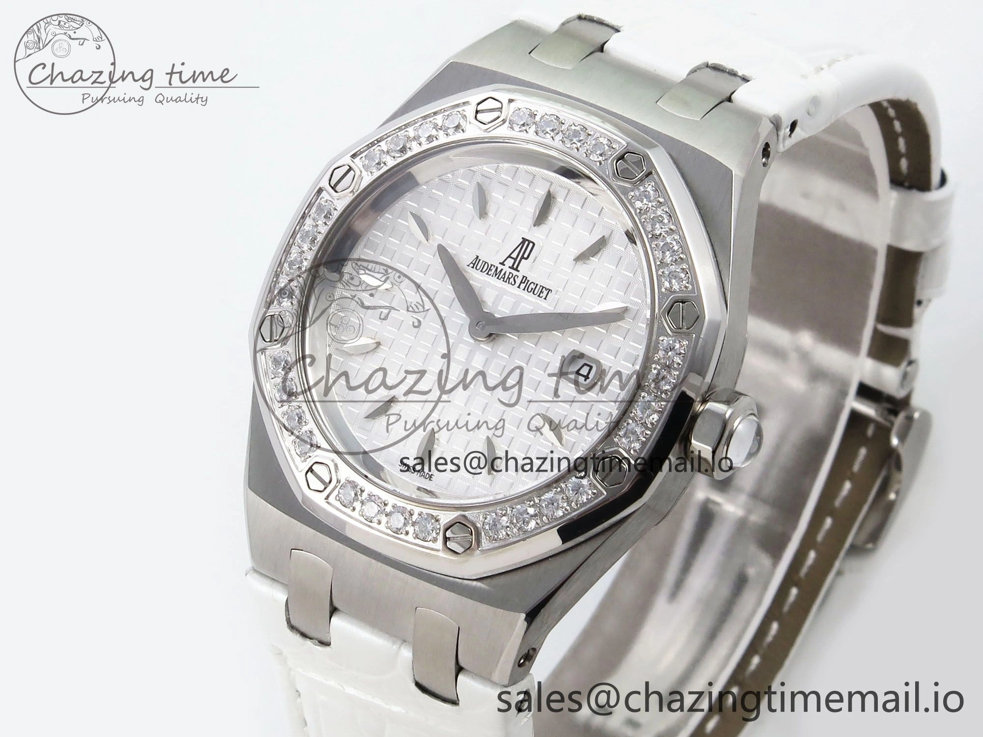 Royal Oak Offshore Ladies 33mm SS DRF Best Edition White Dial Diamonds Bezel on White Leather Strap ETA Quartz Trendy 4396