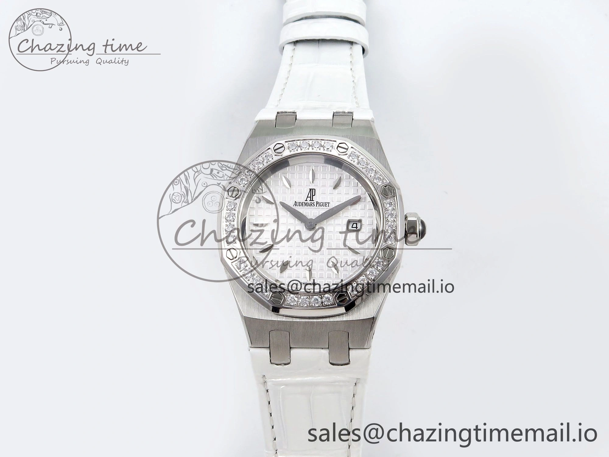 Royal Oak Offshore Ladies 33mm SS DRF Best Edition White Dial Diamonds Bezel on White Leather Strap ETA Quartz Trendy 4396