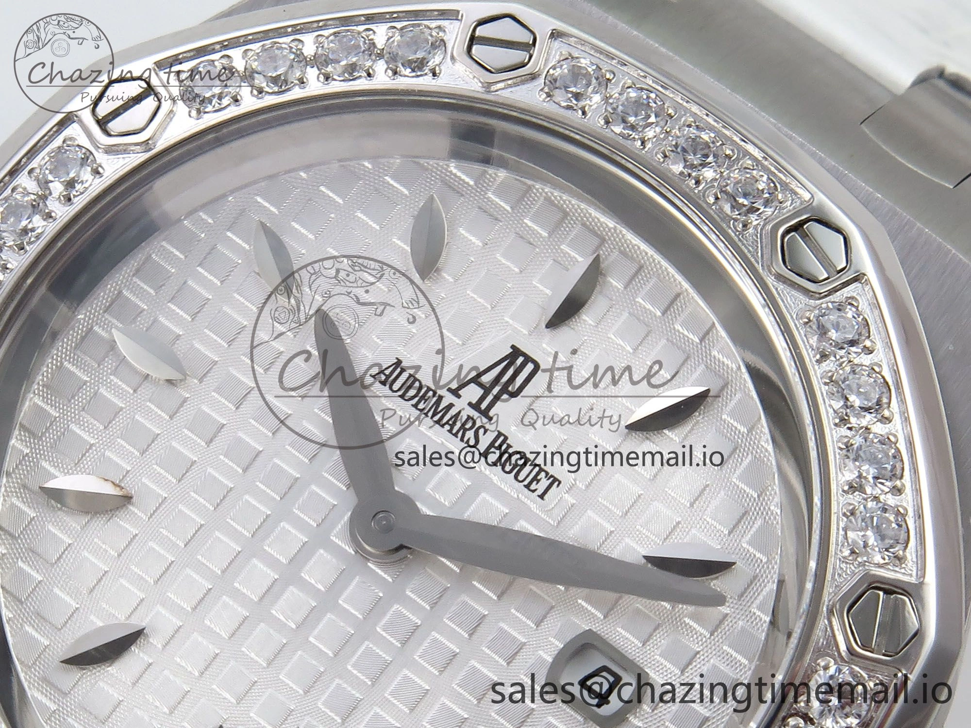Royal Oak Offshore Ladies 33mm SS DRF Best Edition White Dial Diamonds Bezel on White Leather Strap ETA Quartz Trendy 4396