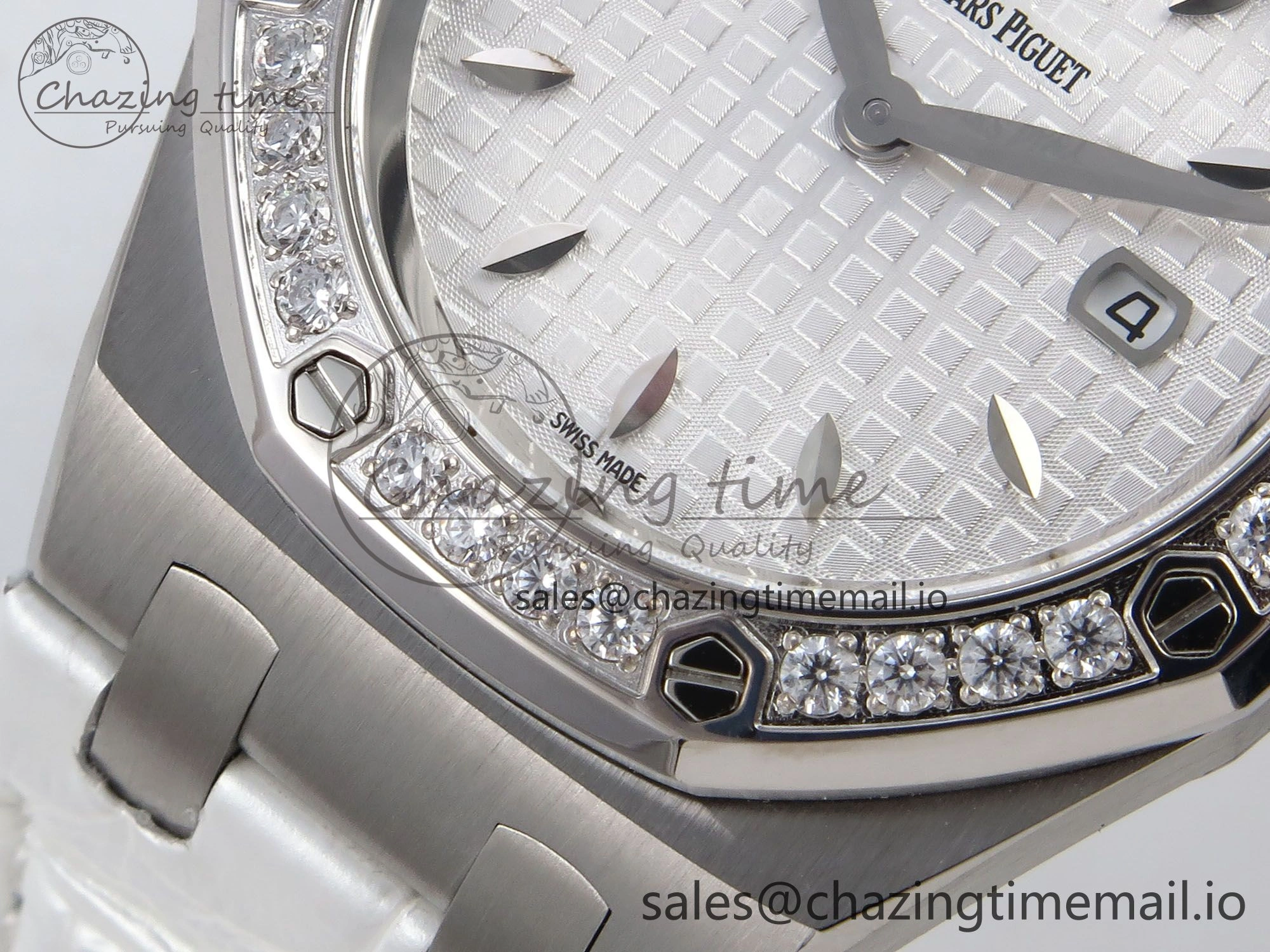 Royal Oak Offshore Ladies 33mm SS DRF Best Edition White Dial Diamonds Bezel on White Leather Strap ETA Quartz Trendy 4396