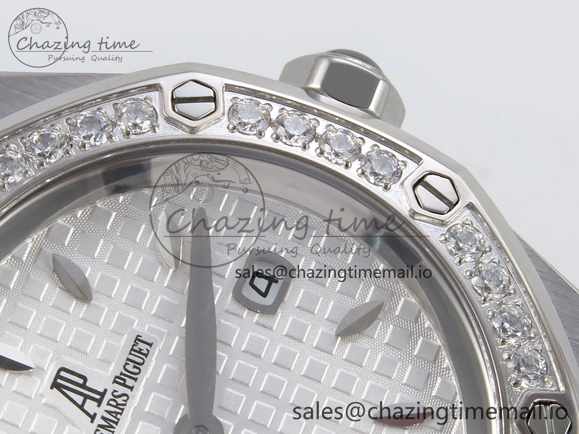 Royal Oak Offshore Ladies 33mm SS DRF Best Edition White Dial Diamonds Bezel on White Leather Strap ETA Quartz Trendy 4396