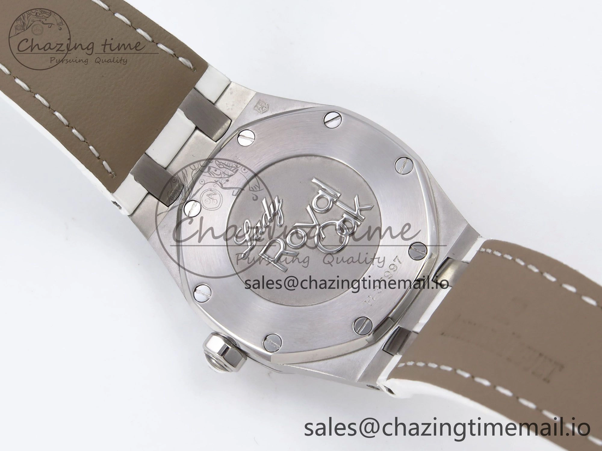 Royal Oak Offshore Ladies 33mm SS DRF Best Edition White Dial Diamonds Bezel on White Leather Strap ETA Quartz Trendy 4396