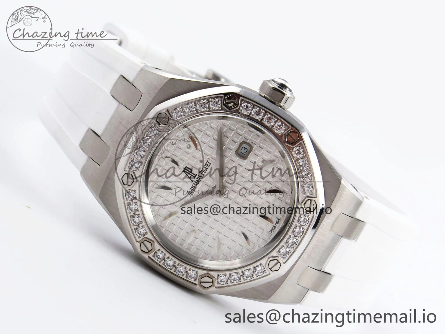 SmartChoice Royal Oak Offshore Ladies 33mm SS DRF Best Edition White Dial Diamonds Bezel on White Rubber Strap ETA Quartz 4398
