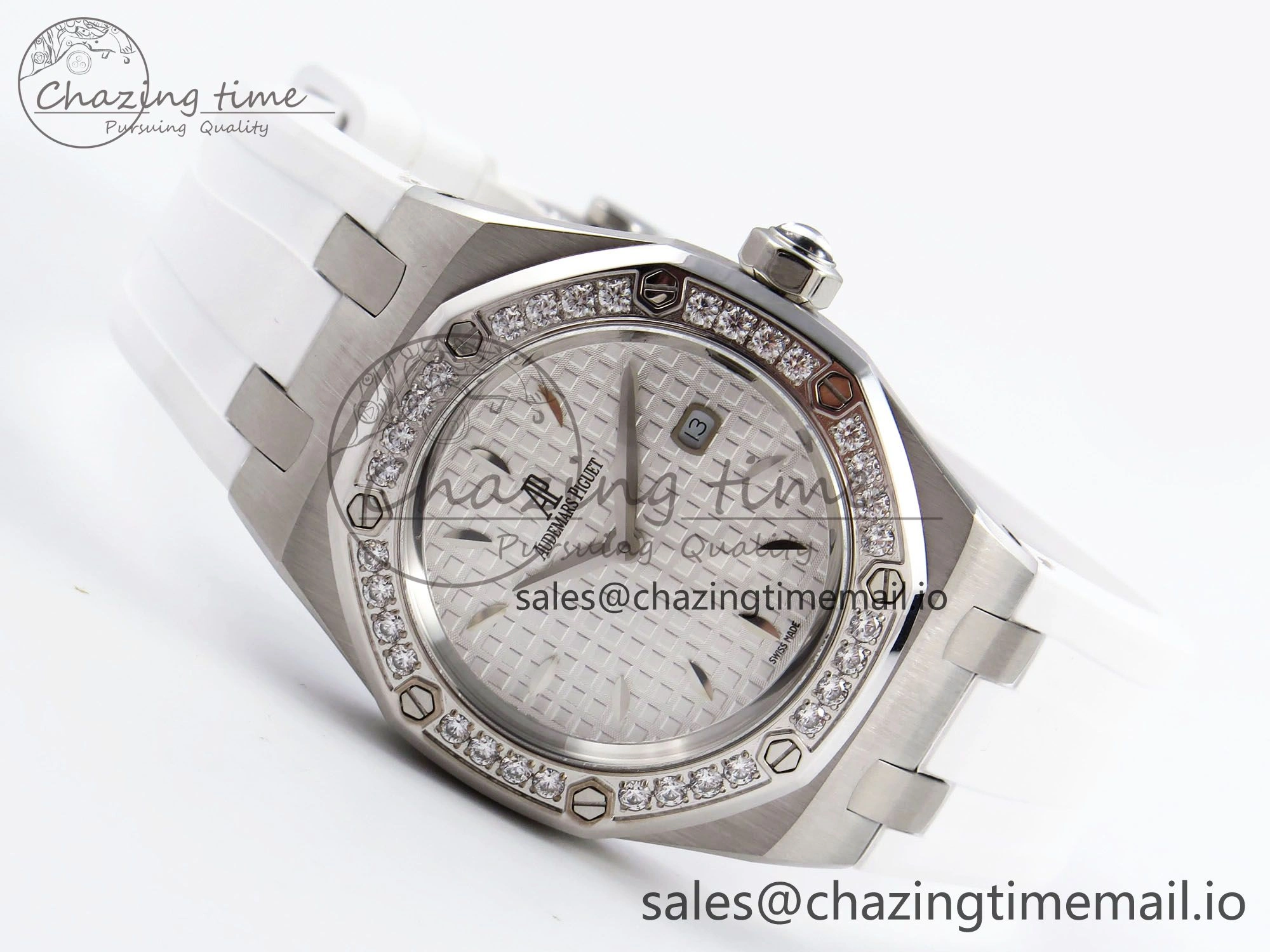 SmartChoice Royal Oak Offshore Ladies 33mm SS DRF Best Edition White Dial Diamonds Bezel on White Rubber Strap ETA Quartz 4398