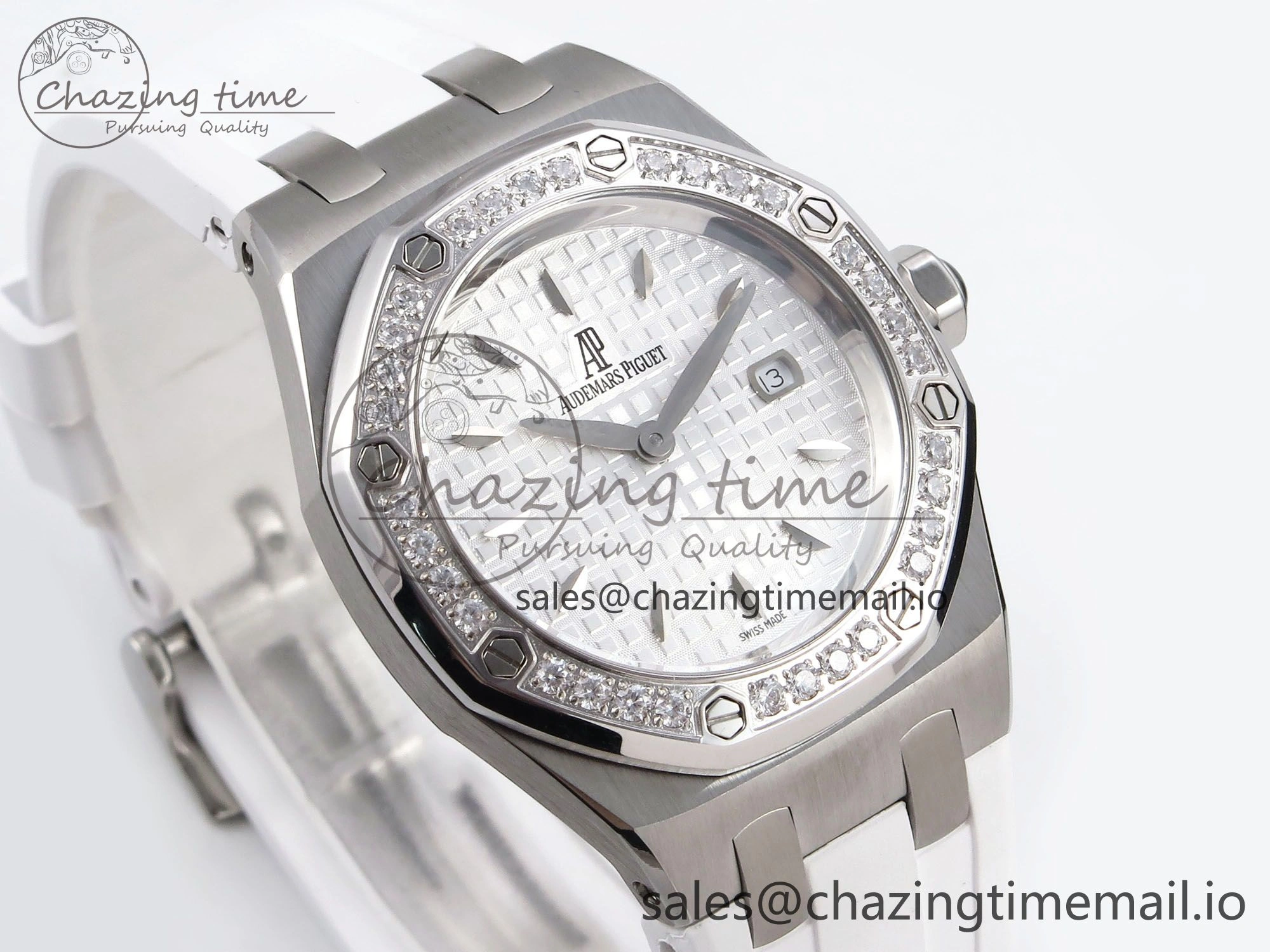 SmartChoice Royal Oak Offshore Ladies 33mm SS DRF Best Edition White Dial Diamonds Bezel on White Rubber Strap ETA Quartz 4398