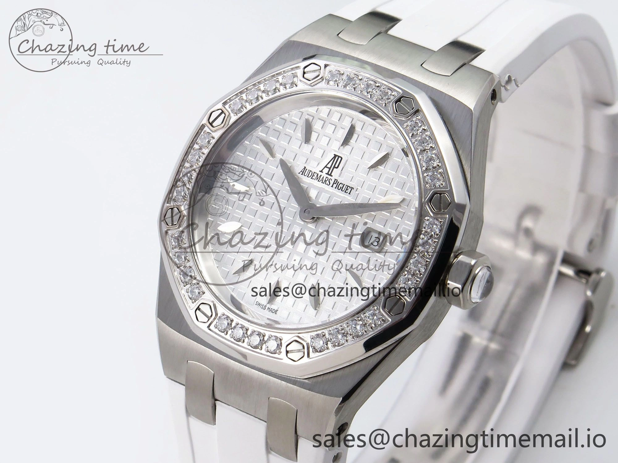 SmartChoice Royal Oak Offshore Ladies 33mm SS DRF Best Edition White Dial Diamonds Bezel on White Rubber Strap ETA Quartz 4398