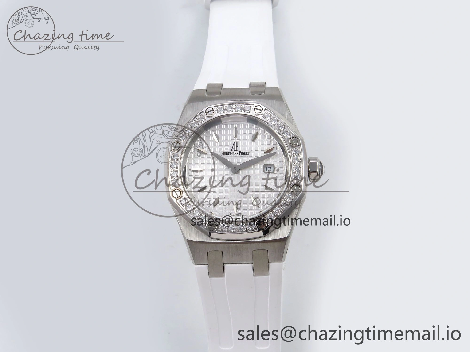 SmartChoice Royal Oak Offshore Ladies 33mm SS DRF Best Edition White Dial Diamonds Bezel on White Rubber Strap ETA Quartz 4398