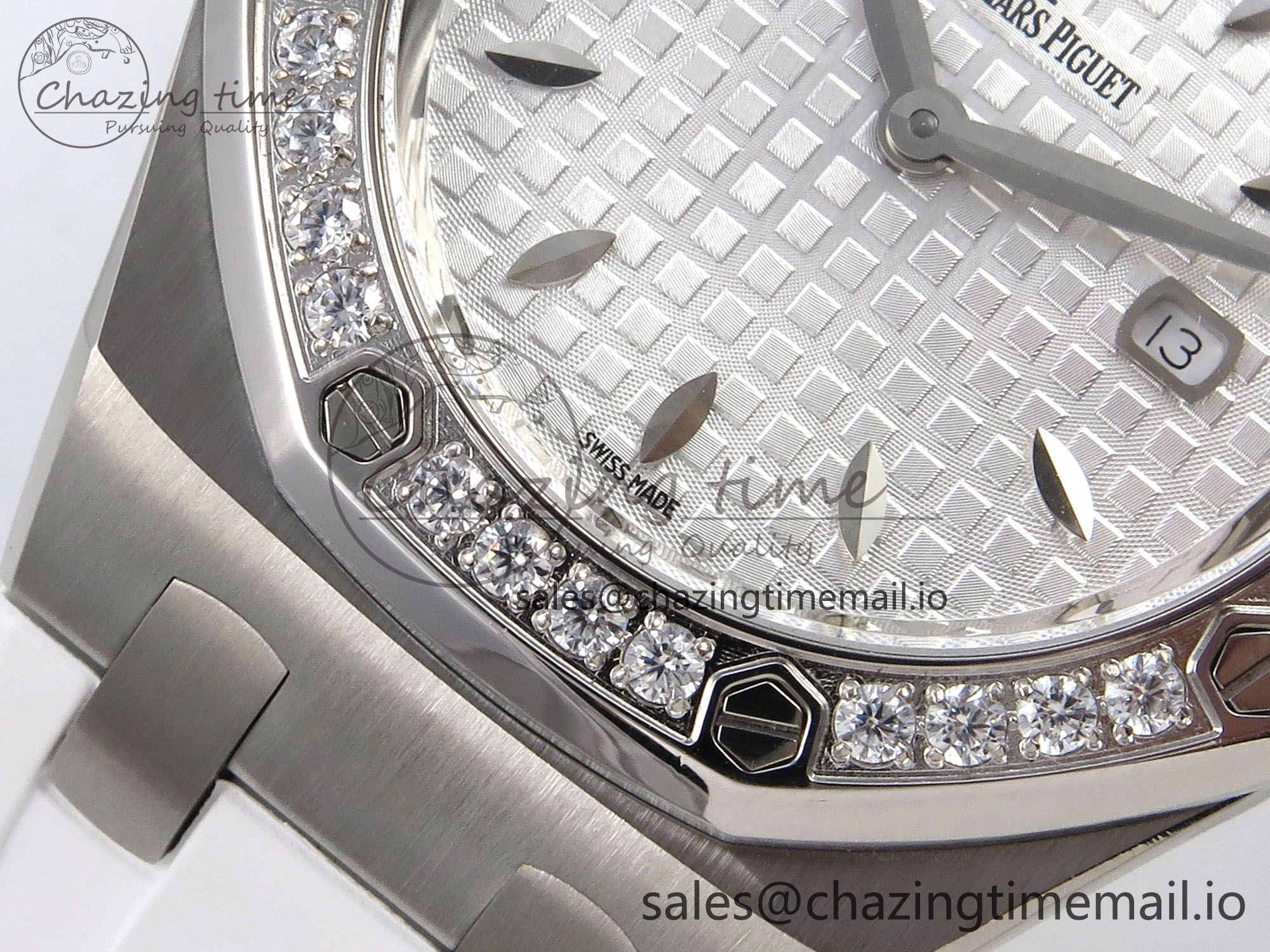 SmartChoice Royal Oak Offshore Ladies 33mm SS DRF Best Edition White Dial Diamonds Bezel on White Rubber Strap ETA Quartz 4398