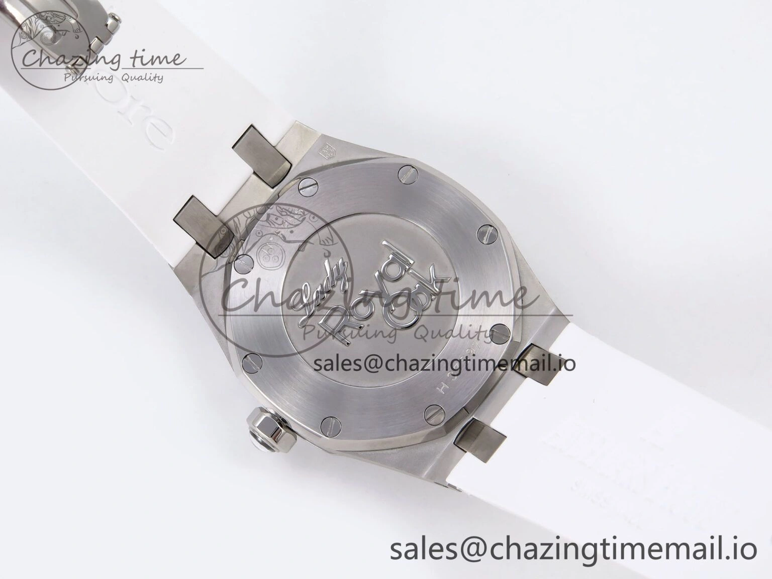 SmartChoice Royal Oak Offshore Ladies 33mm SS DRF Best Edition White Dial Diamonds Bezel on White Rubber Strap ETA Quartz 4398