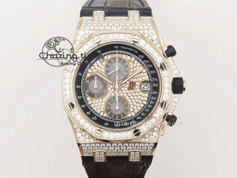 Royal Oak Offshore RG Full Paved Diamonds JF Best Edition on Black Leather Strap A ZeroBulk 5143
