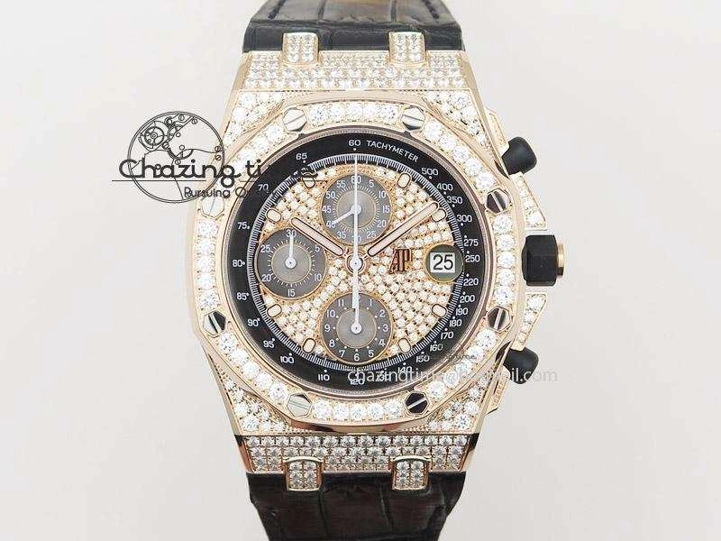 Royal Oak Offshore RG Full Paved Diamonds JF Best Edition on Black Leather Strap A ZeroBulk 5143