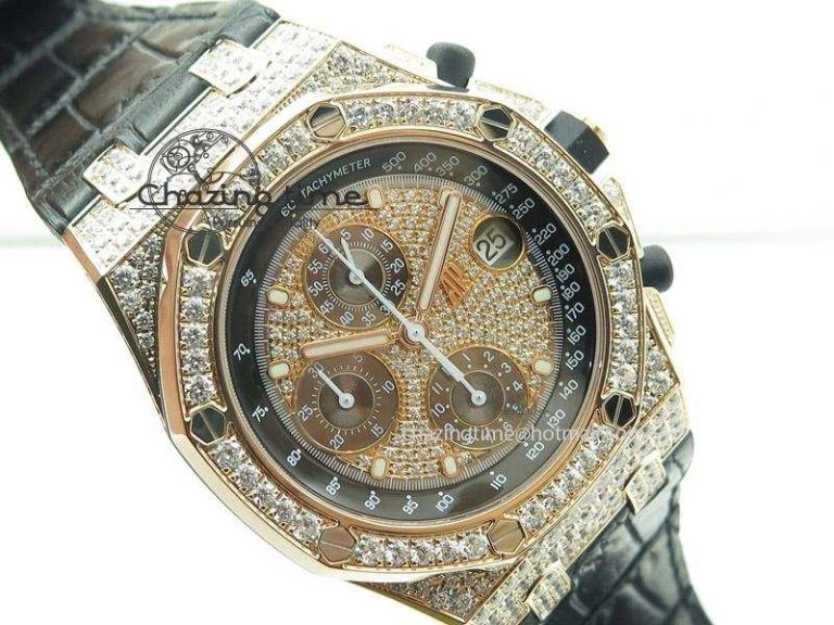 Royal Oak Offshore RG Full Paved Diamonds JF Best Edition on Black Leather Strap A ZeroBulk 5143